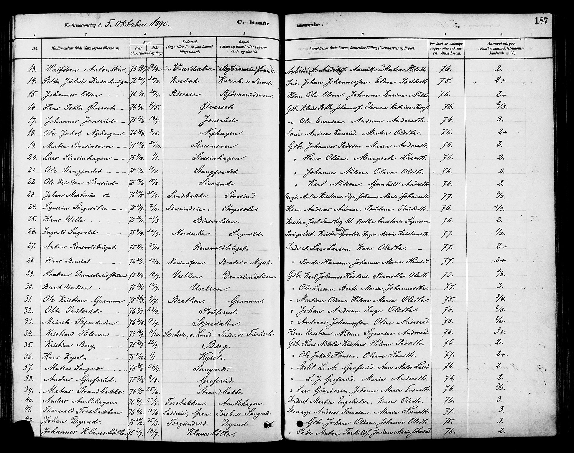 Vestre Toten prestekontor, SAH/PREST-108/H/Ha/Haa/L0009: Parish register (official) no. 9, 1878-1894, p. 187