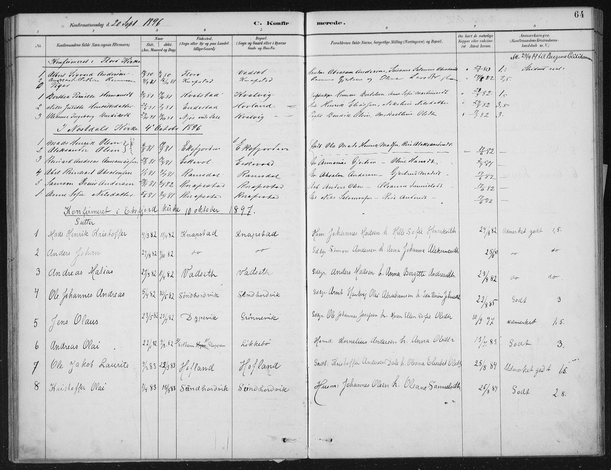 Kinn sokneprestembete, AV/SAB-A-80801/H/Haa/Haae/L0001: Parish register (official) no. E 1, 1890-1916, p. 64