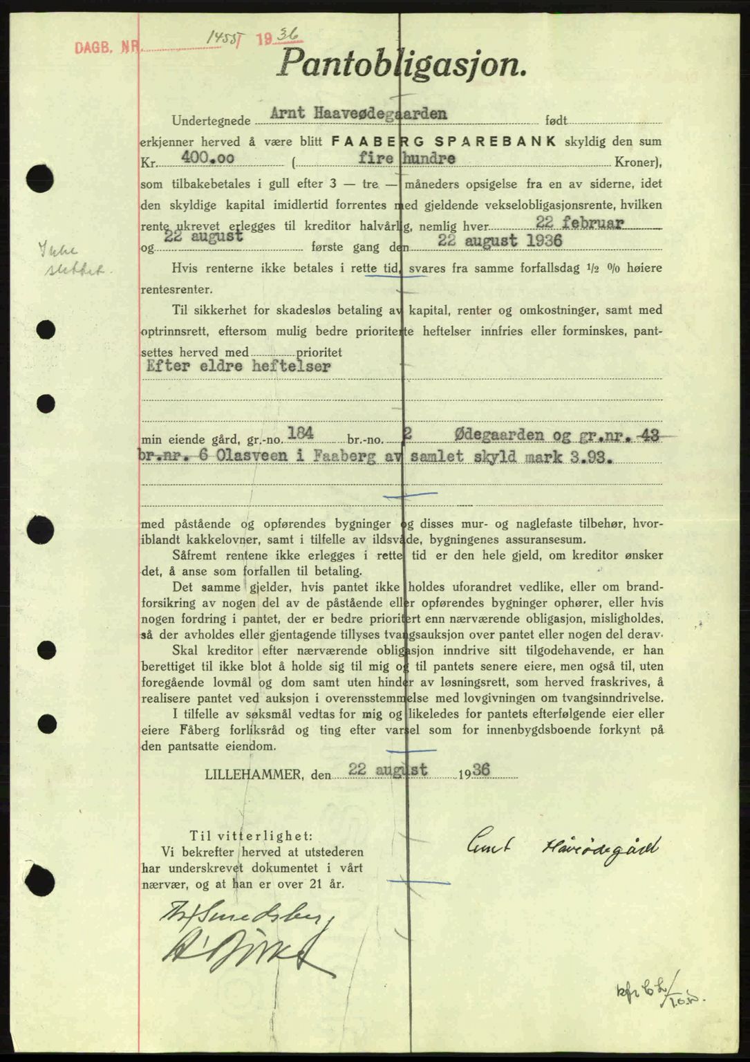 Sør-Gudbrandsdal tingrett, SAH/TING-004/H/Hb/Hbe/L0001: Mortgage book no. B1, 1936-1939, Diary no: : 1455/1936