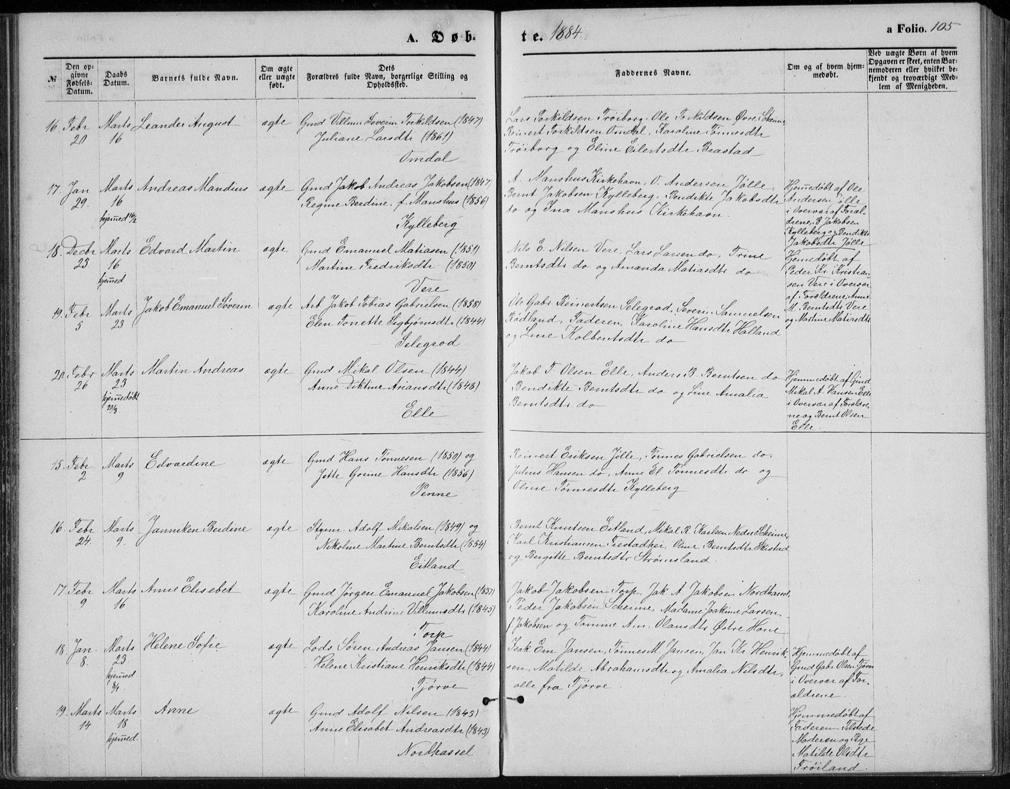 Lista sokneprestkontor, AV/SAK-1111-0027/F/Fb/L0004: Parish register (copy) no. B 4, 1877-1891, p. 105