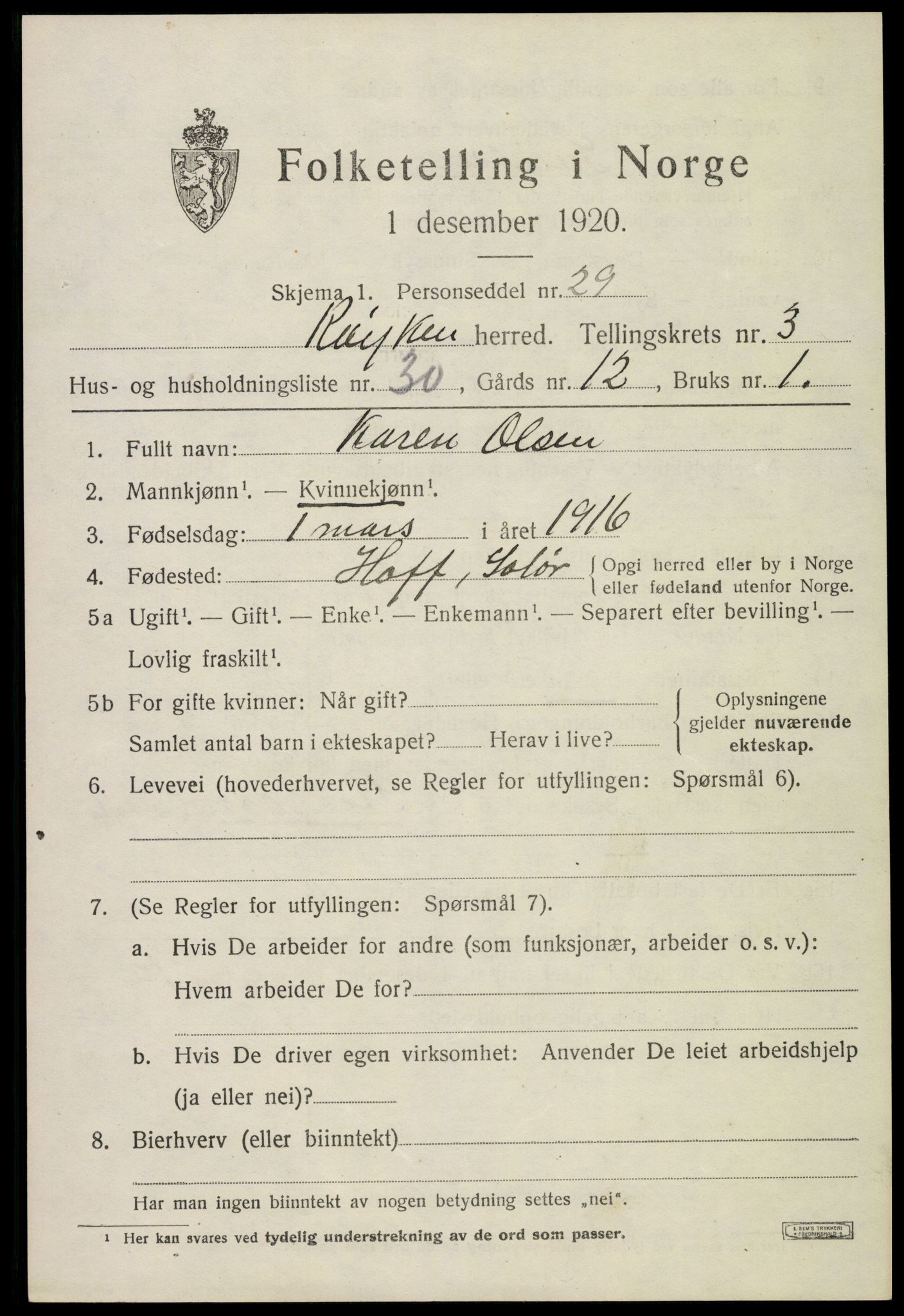 SAKO, 1920 census for Røyken, 1920, p. 4566