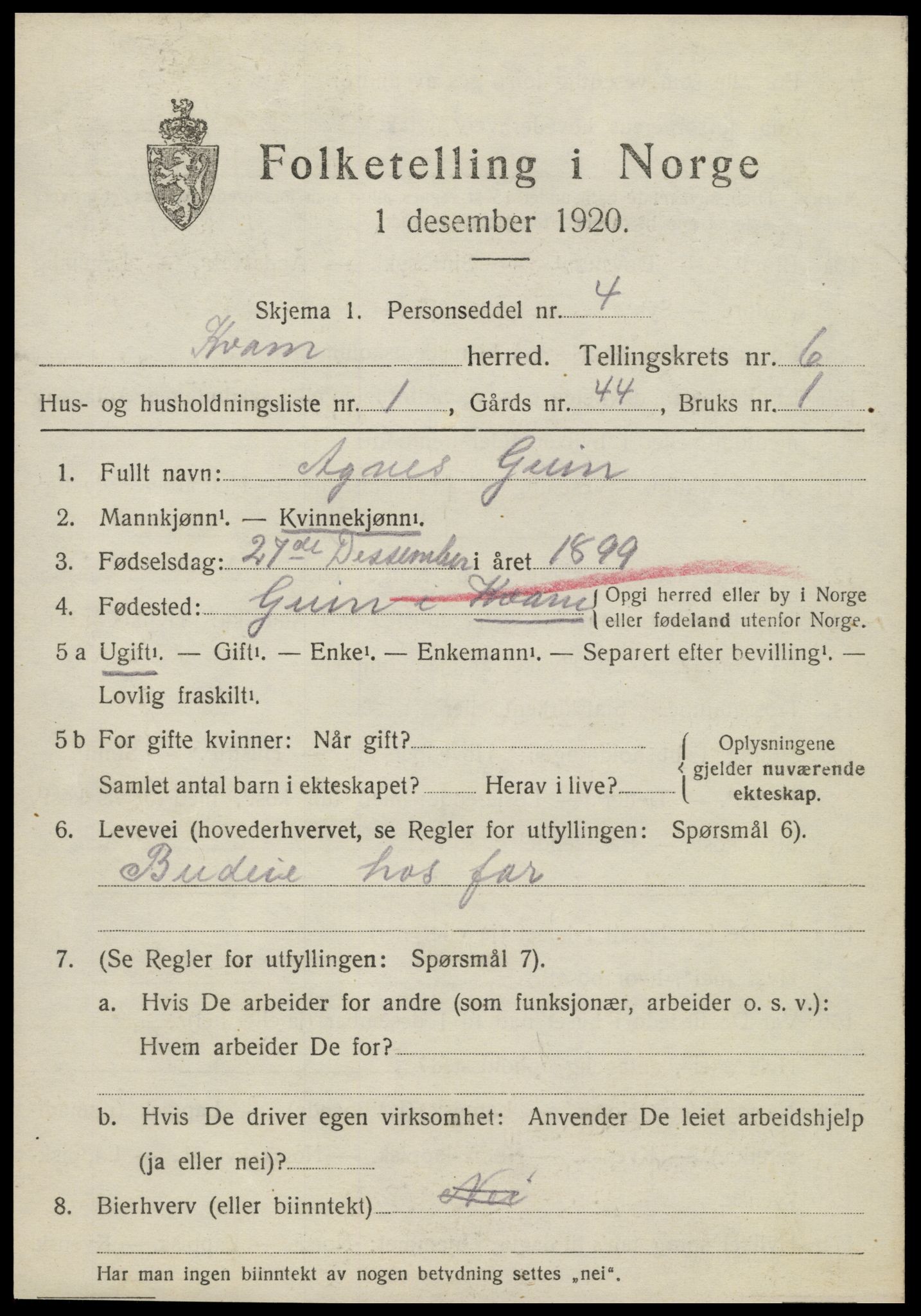 SAT, 1920 census for Kvam, 1920, p. 1589