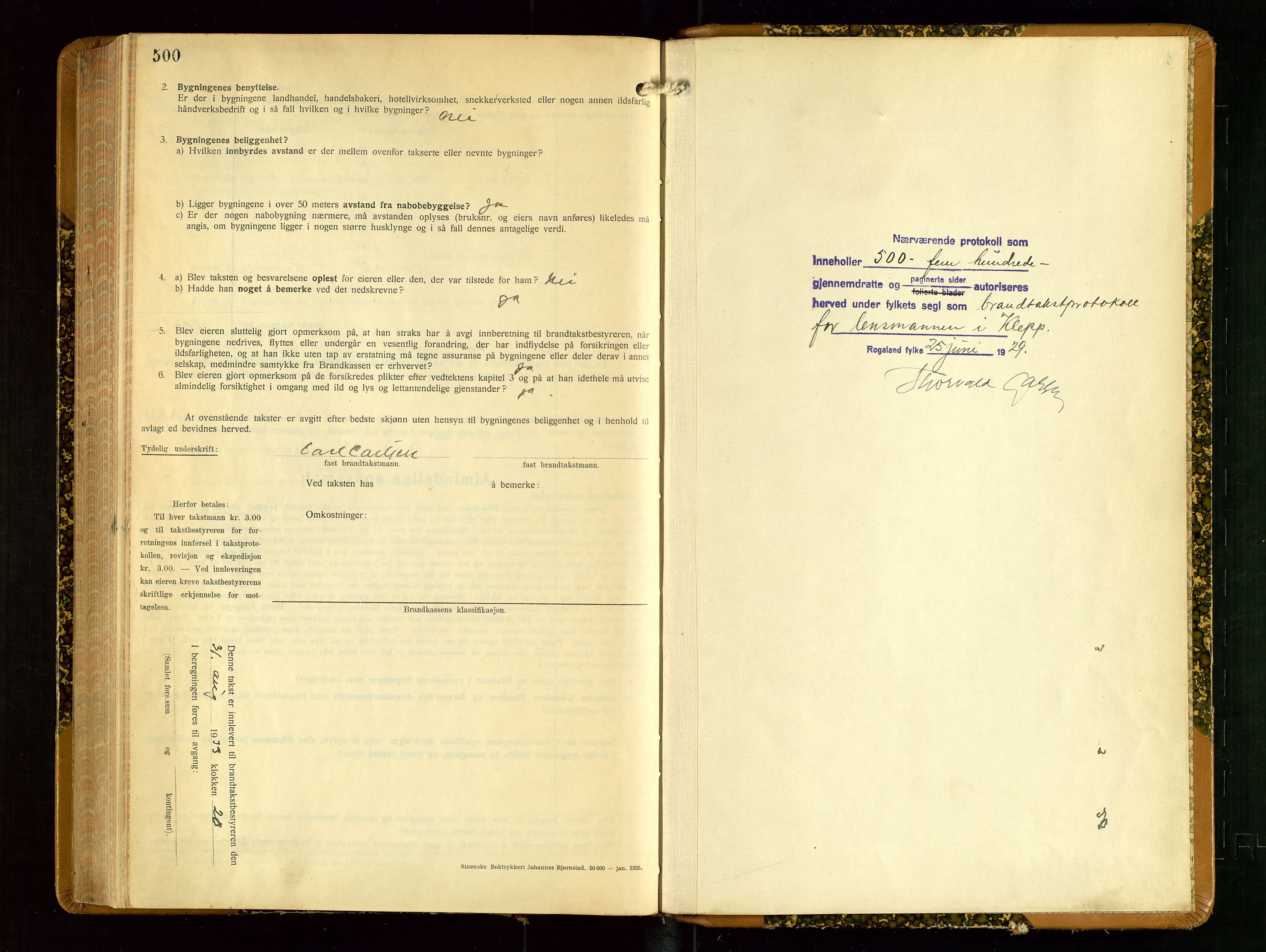 Klepp lensmannskontor, SAST/A-100163/Goc/L0012: "Brandtakstprotokoll" m/register, 1929-1933, p. 500