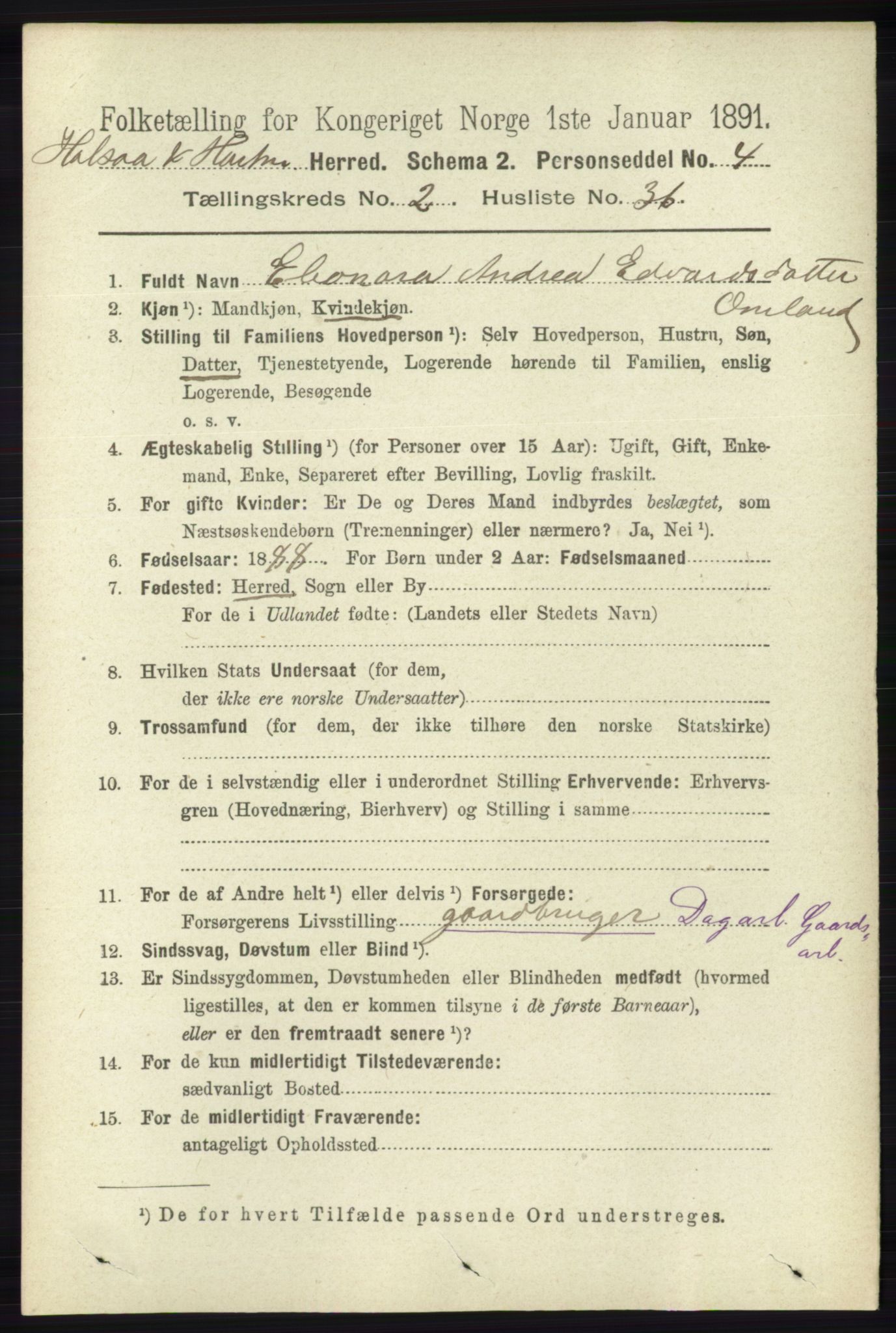 RA, 1891 census for 1019 Halse og Harkmark, 1891, p. 711