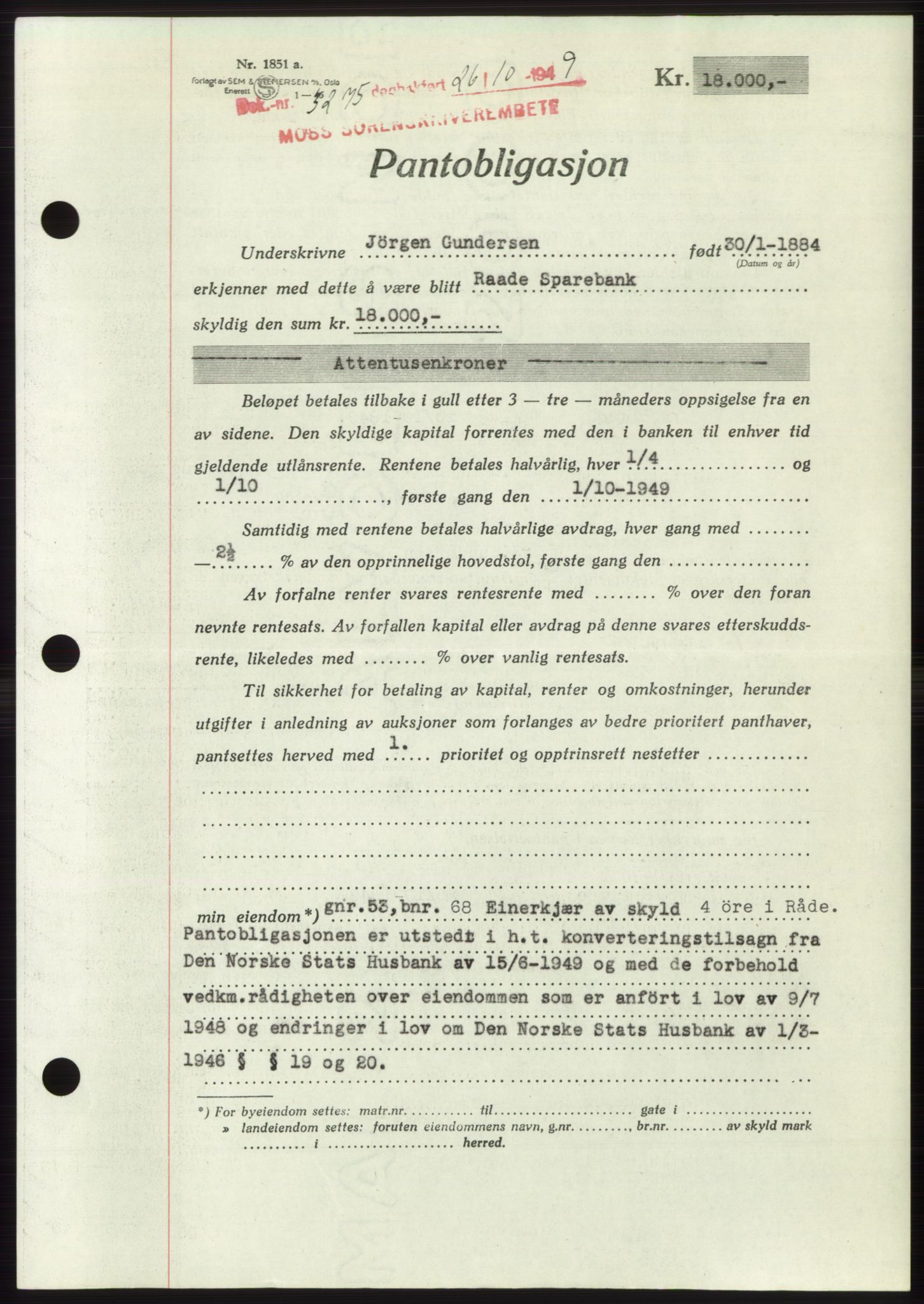 Moss sorenskriveri, SAO/A-10168: Mortgage book no. B23, 1949-1950, Diary no: : 3275/1949