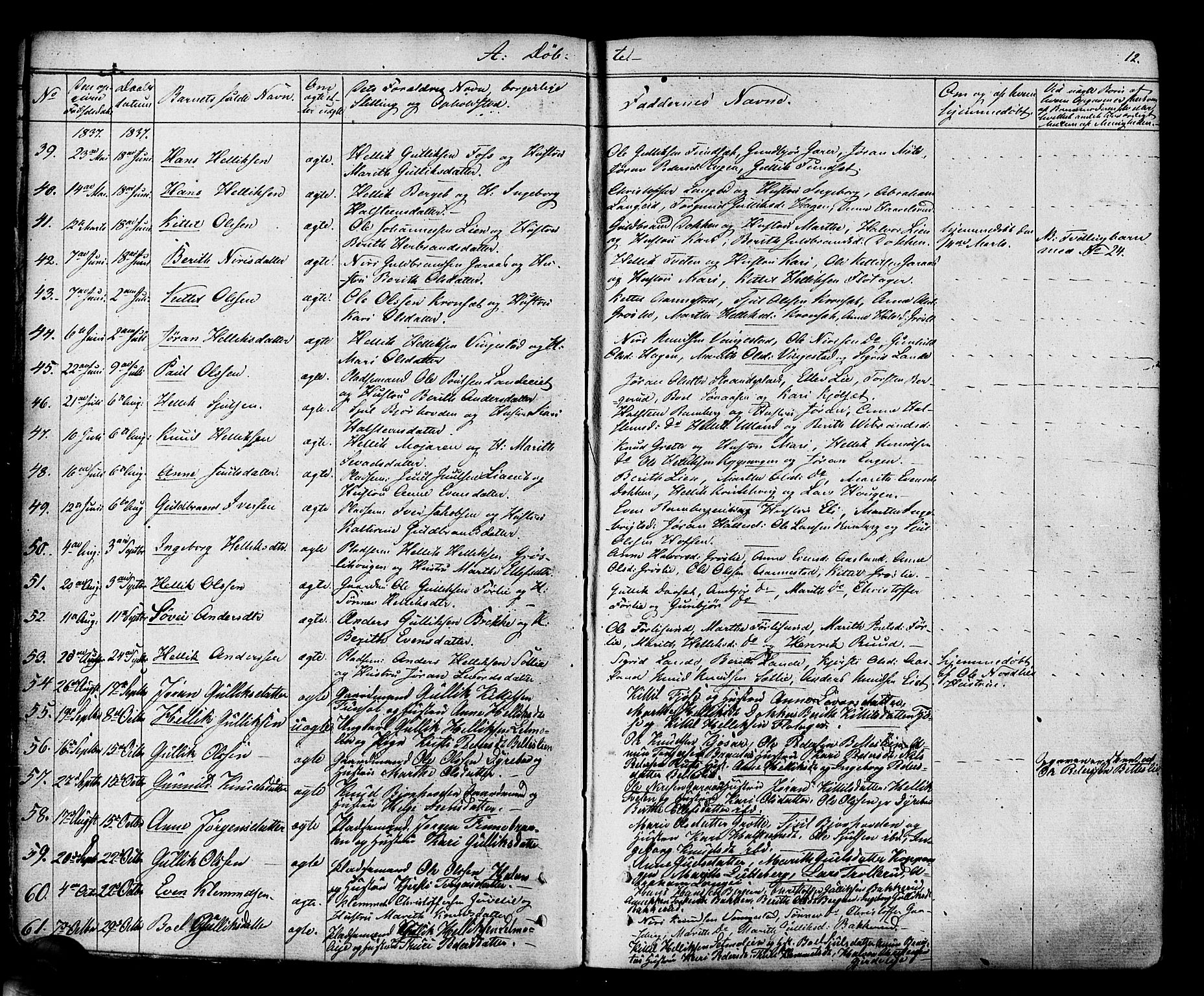 Flesberg kirkebøker, AV/SAKO-A-18/F/Fa/L0006: Parish register (official) no. I 6, 1834-1860, p. 12