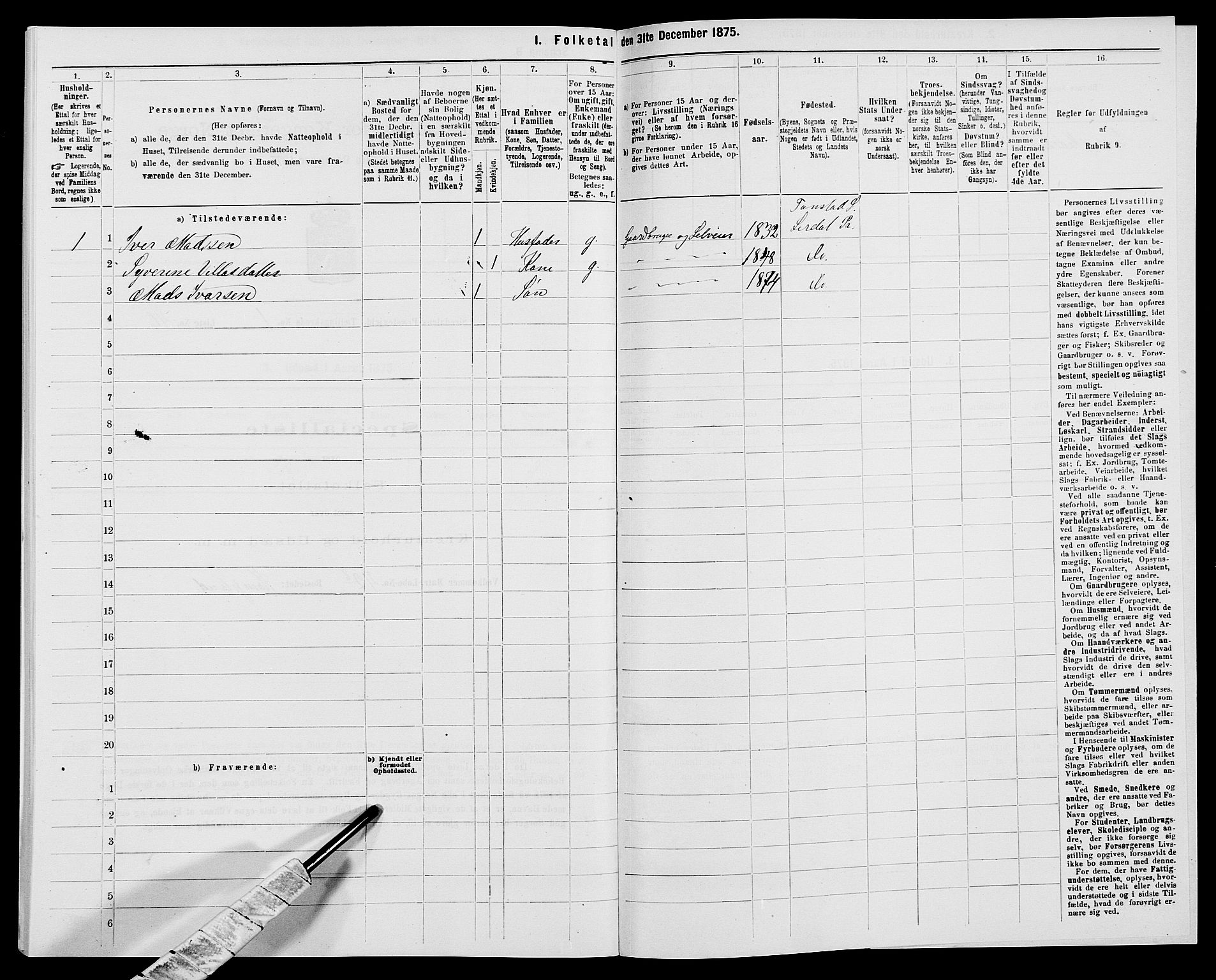 SAK, 1875 census for 1046P Sirdal, 1875, p. 134