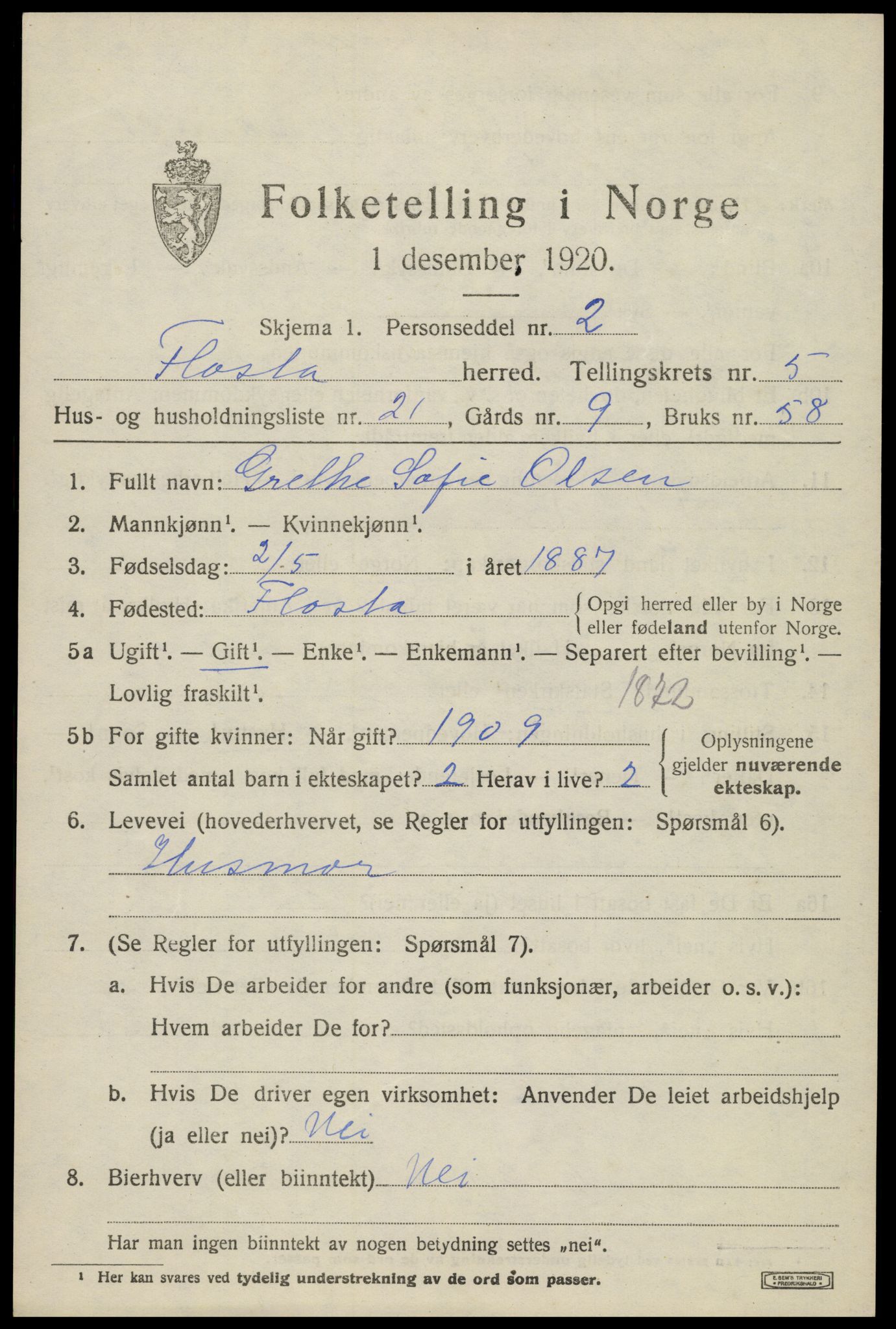 SAK, 1920 census for Flosta, 1920, p. 2984