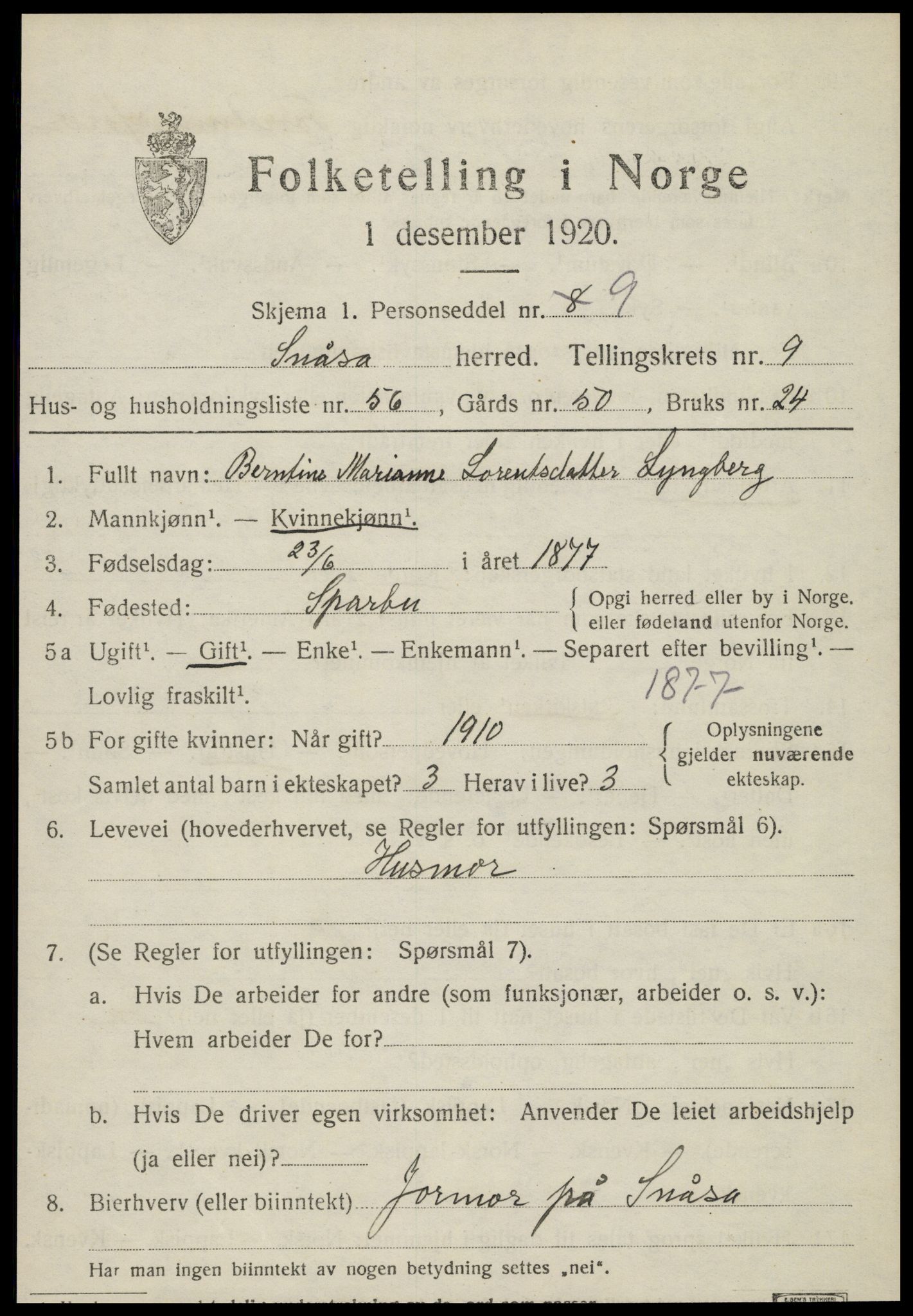 SAT, 1920 census for Snåsa, 1920, p. 4302
