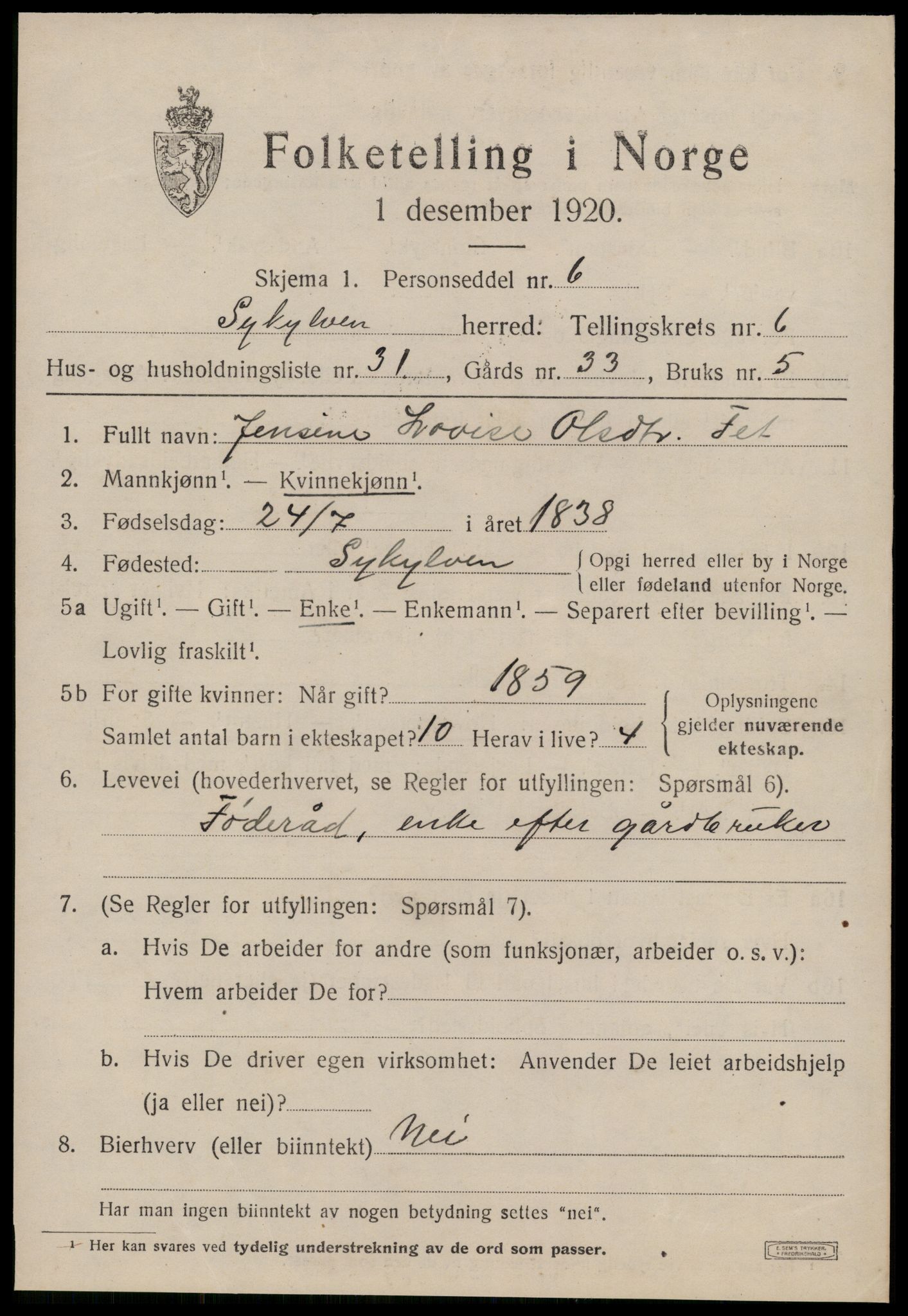 SAT, 1920 census for Sykkylven, 1920, p. 4005