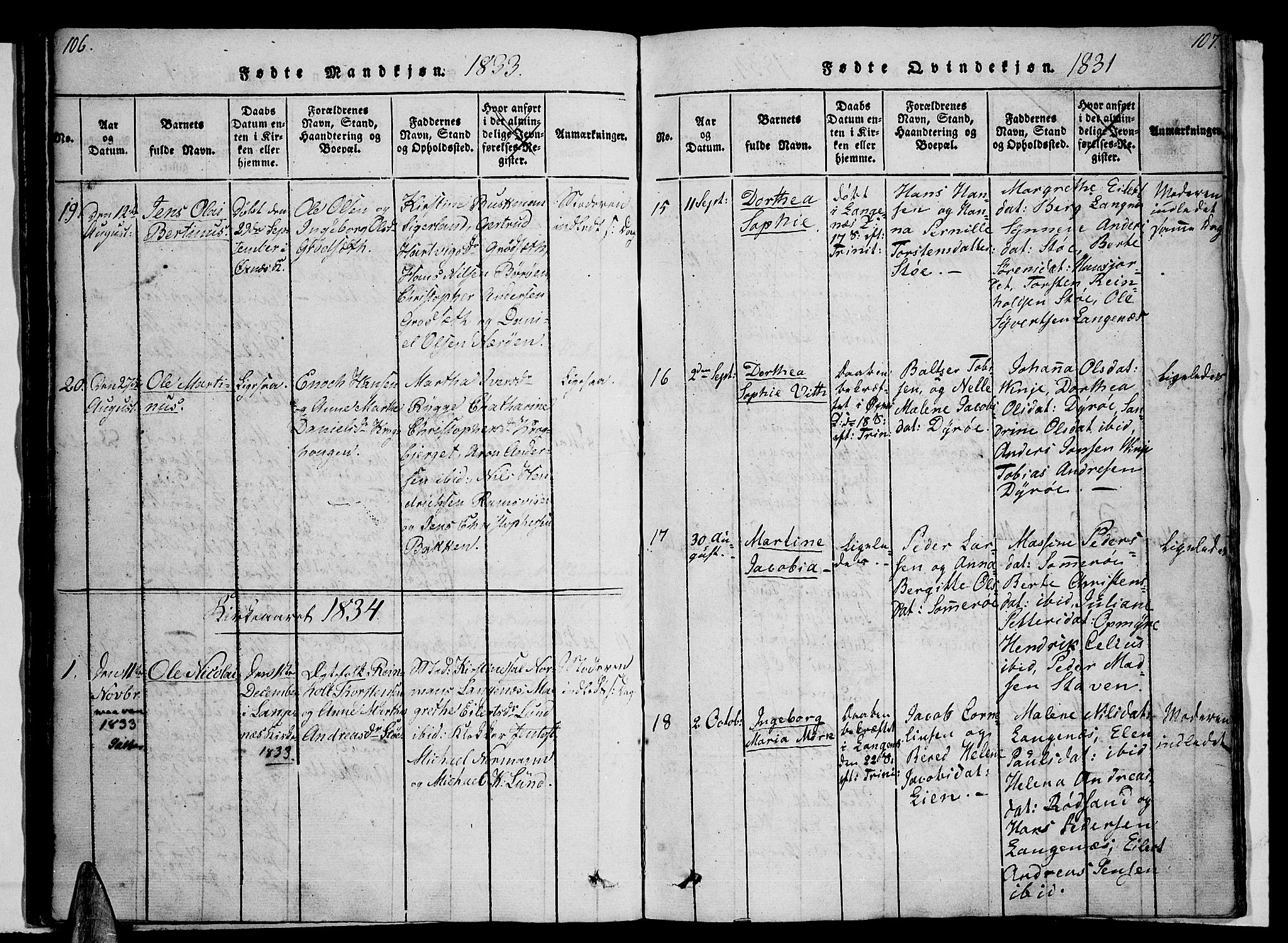 Ministerialprotokoller, klokkerbøker og fødselsregistre - Nordland, SAT/A-1459/893/L1331: Parish register (official) no. 893A04, 1820-1840, p. 106-107