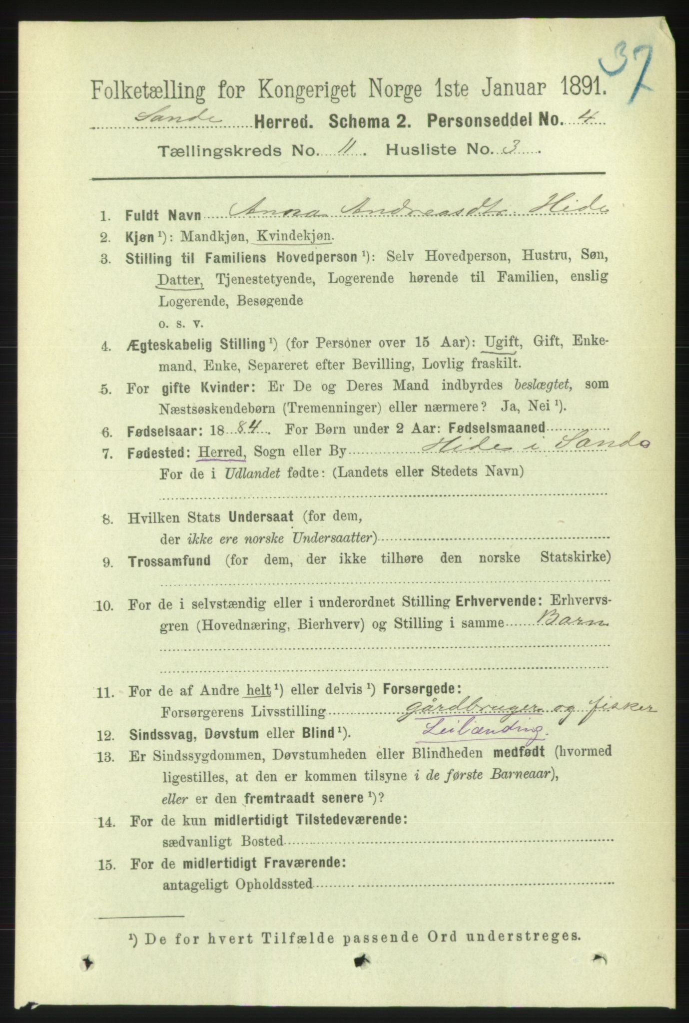 RA, 1891 census for 1514 Sande, 1891, p. 1971