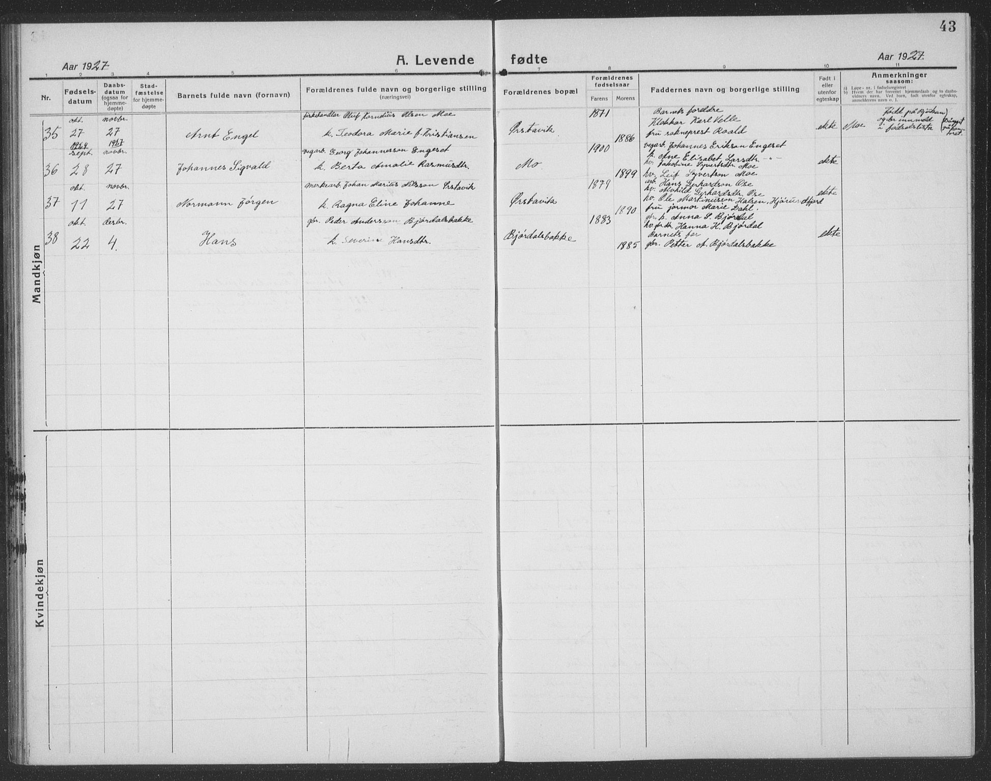 Ministerialprotokoller, klokkerbøker og fødselsregistre - Møre og Romsdal, SAT/A-1454/513/L0191: Parish register (copy) no. 513C05, 1920-1941, p. 43