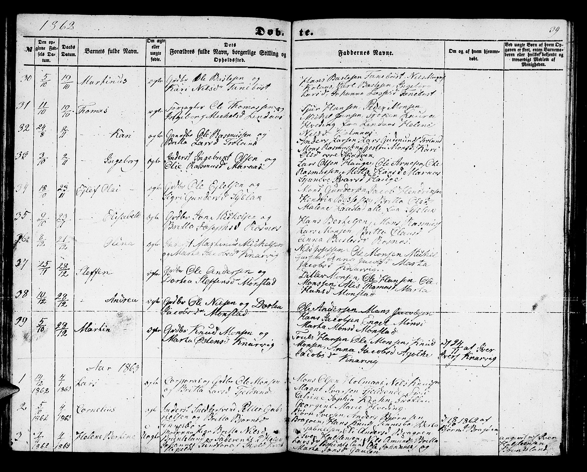 Lindås Sokneprestembete, SAB/A-76701/H/Hab: Parish register (copy) no. B 1, 1853-1866, p. 39
