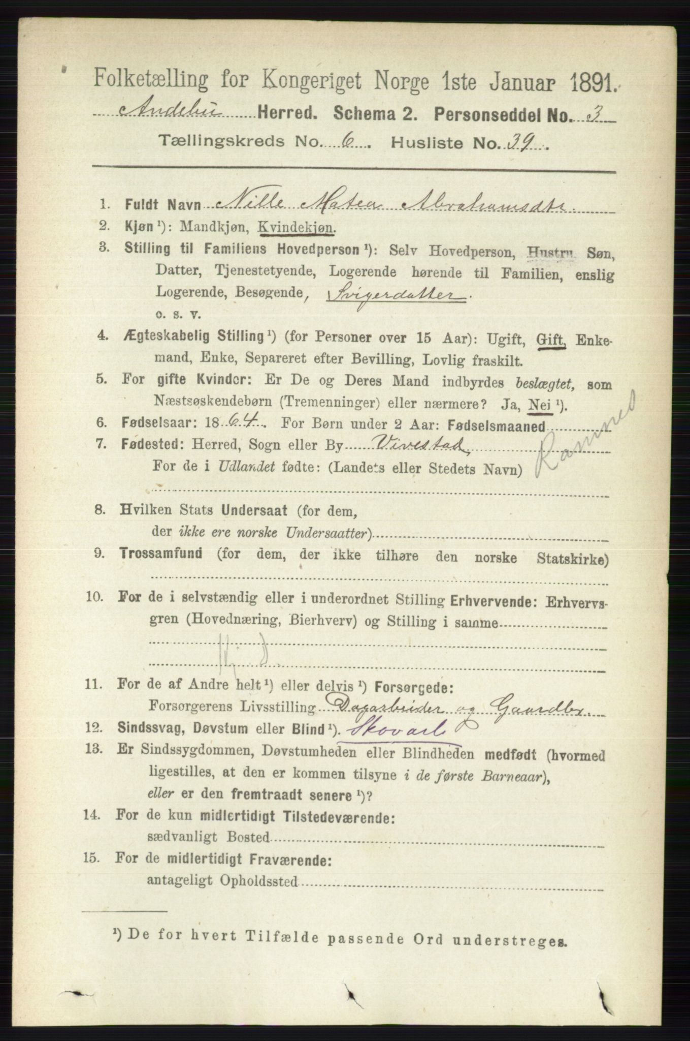 RA, 1891 census for 0719 Andebu, 1891, p. 3313