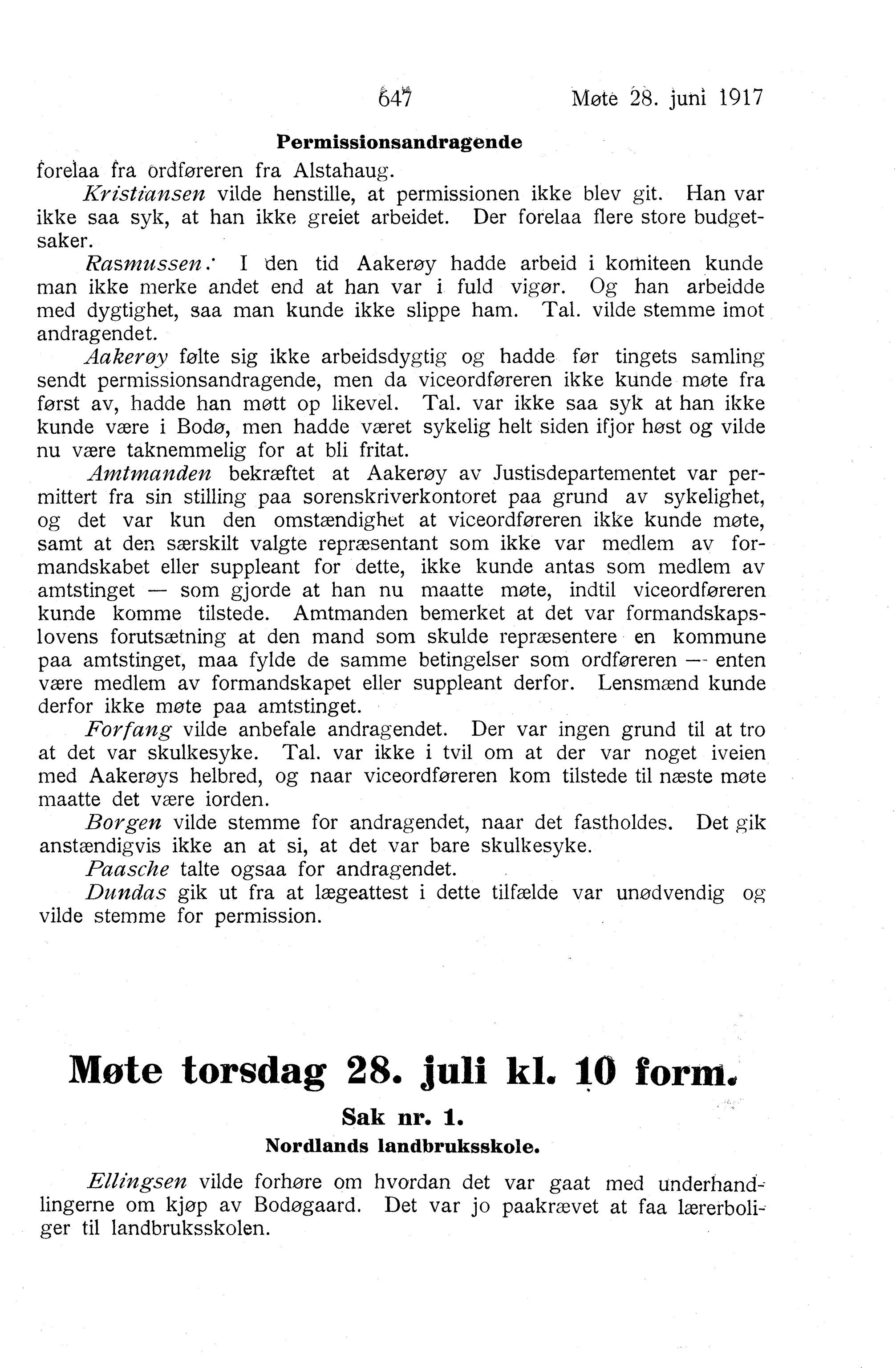Nordland Fylkeskommune. Fylkestinget, AIN/NFK-17/176/A/Ac/L0040: Fylkestingsforhandlinger 1917, 1917, p. 647