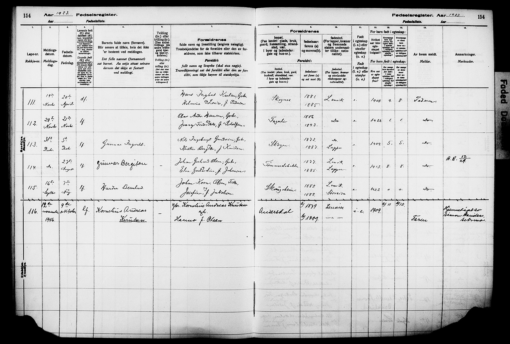 Lenvik sokneprestembete, SATØ/S-1310/I/Ic/L0089: Birth register no. 89, 1916-1926, p. 154