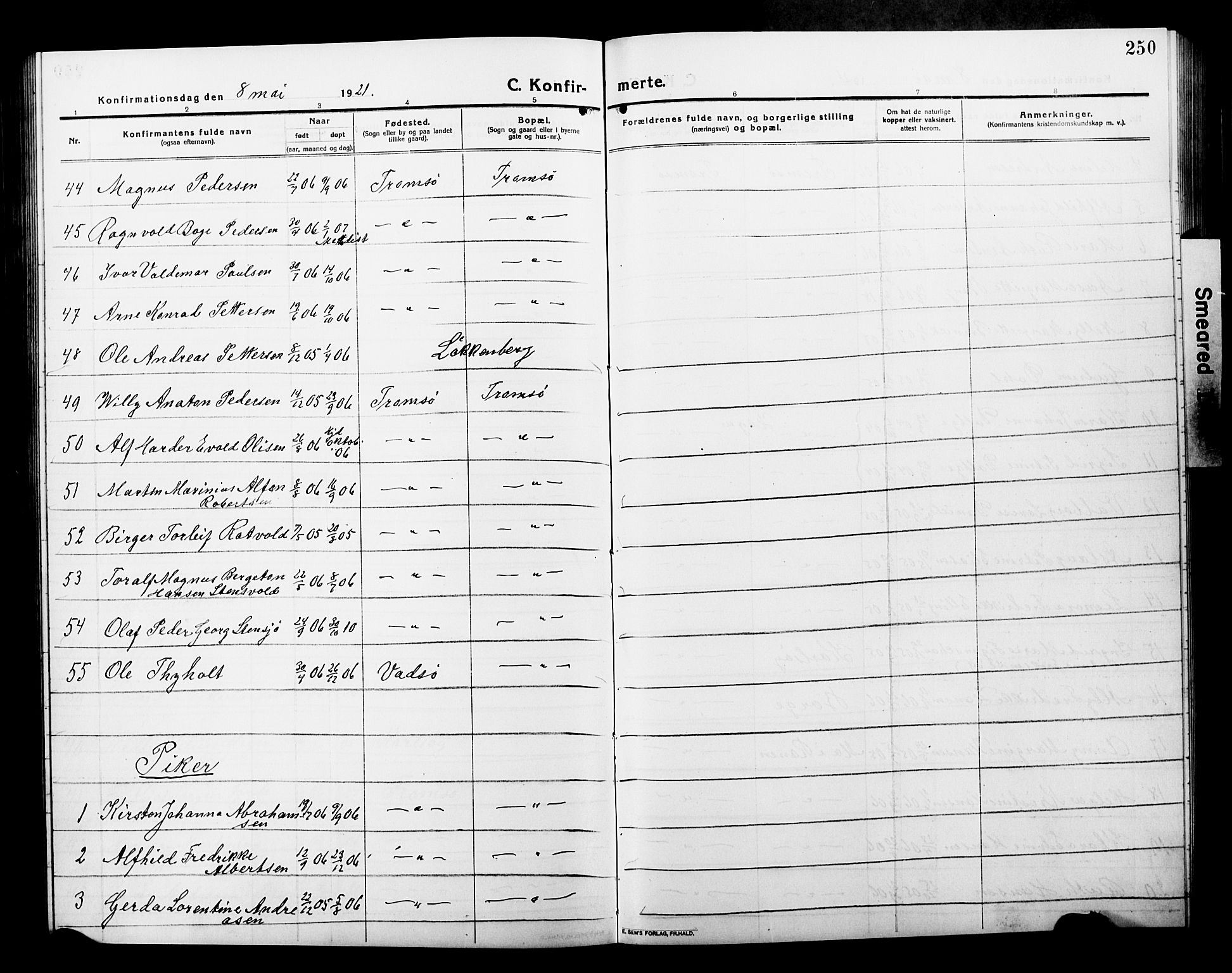 Tromsø sokneprestkontor/stiftsprosti/domprosti, AV/SATØ-S-1343/G/Gb/L0009klokker: Parish register (copy) no. 9, 1915-1925, p. 250