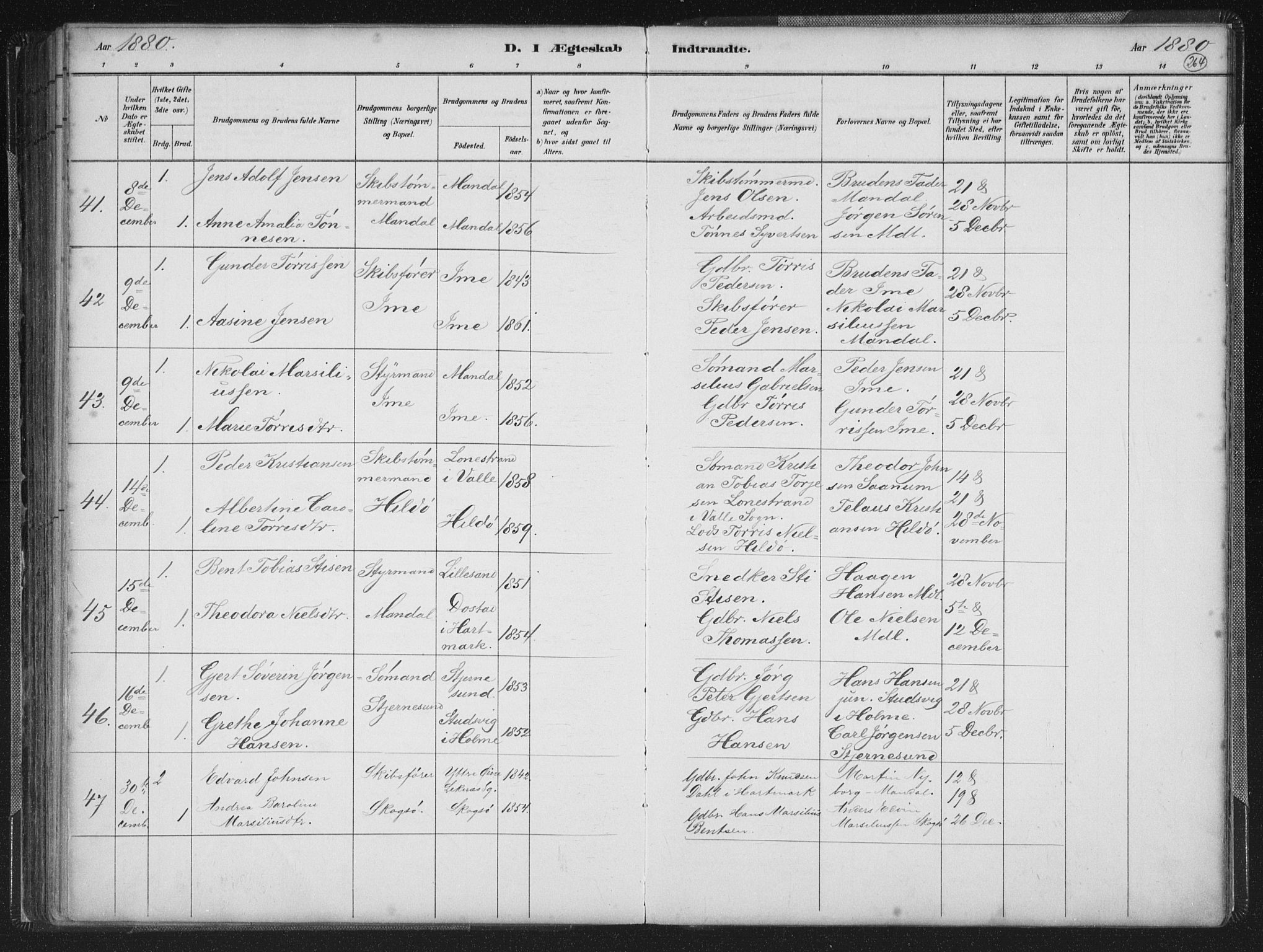 Mandal sokneprestkontor, AV/SAK-1111-0030/F/Fb/Fba/L0011: Parish register (copy) no. B 5, 1880-1898, p. 264