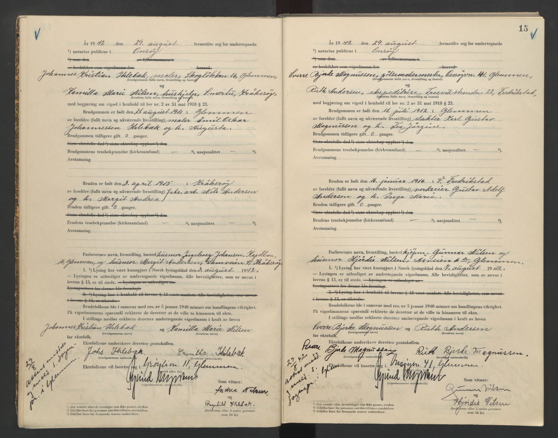 Onsøy sorenskriveri, AV/SAO-A-10474/L/La/L0002: Vigselsbok, 1942-1943, p. 15