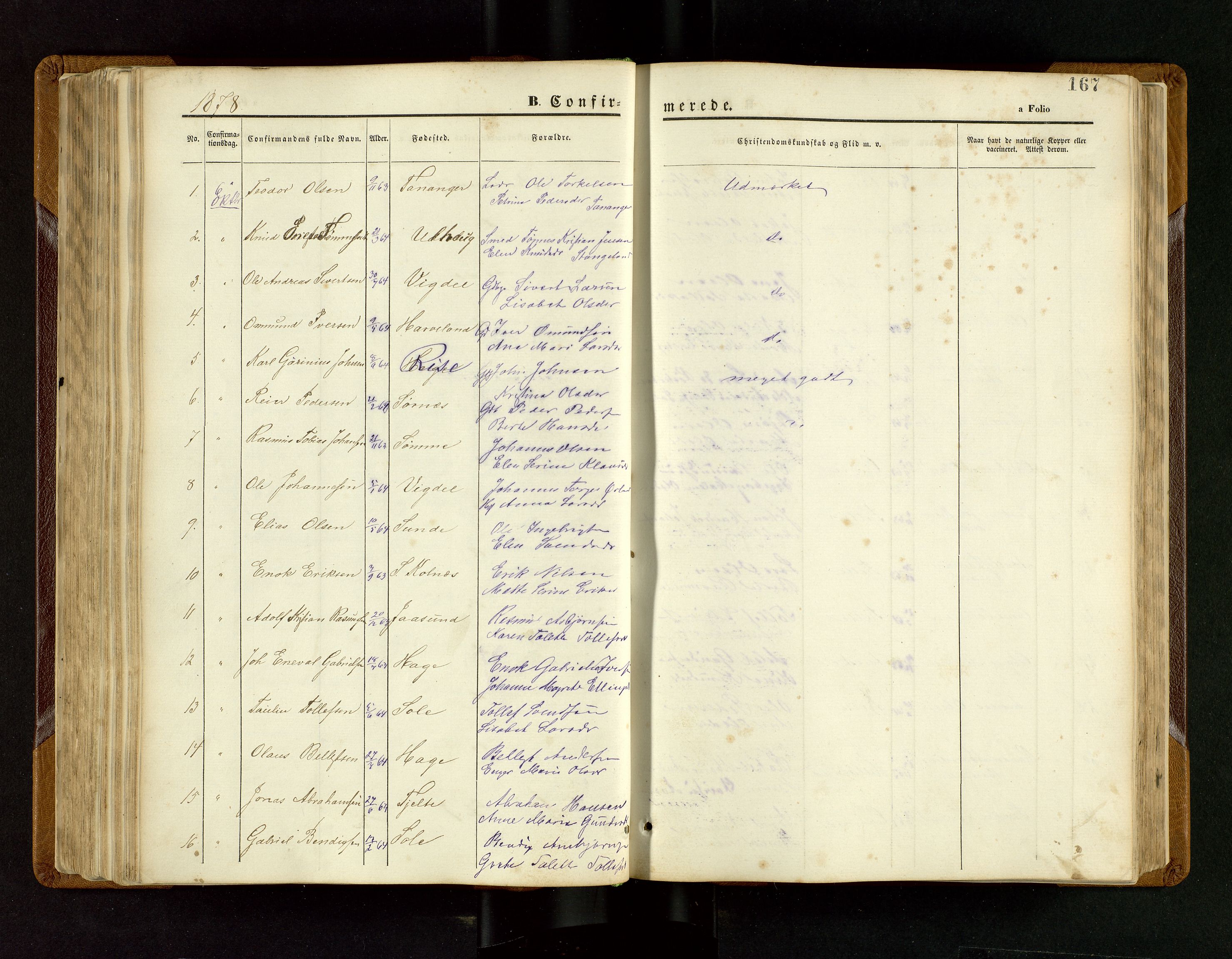 Håland sokneprestkontor, SAST/A-101802/001/30BB/L0003: Parish register (copy) no. B 3, 1873-1893, p. 167