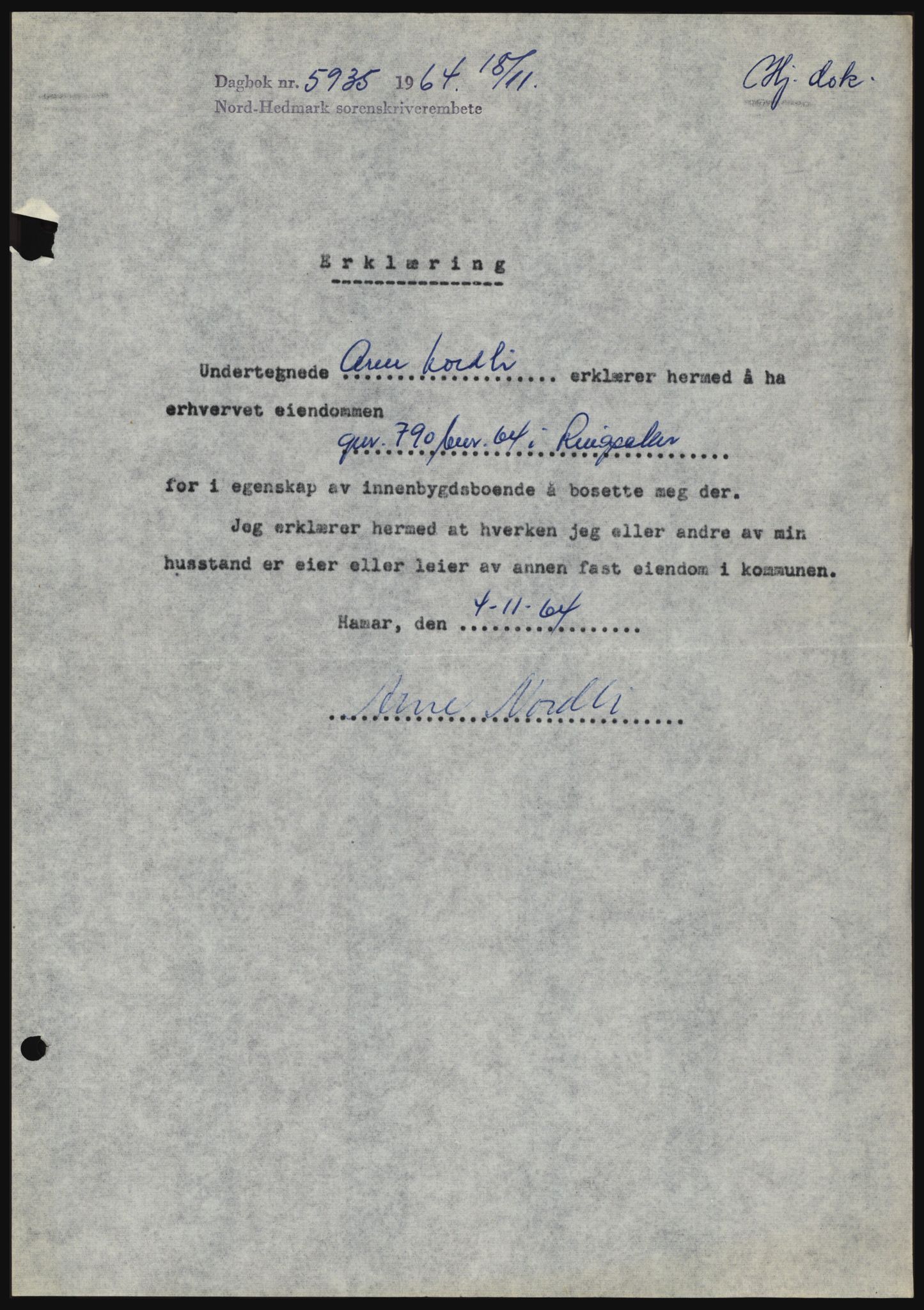 Nord-Hedmark sorenskriveri, SAH/TING-012/H/Hc/L0020: Mortgage book no. 20, 1964-1964, Diary no: : 5935/1964