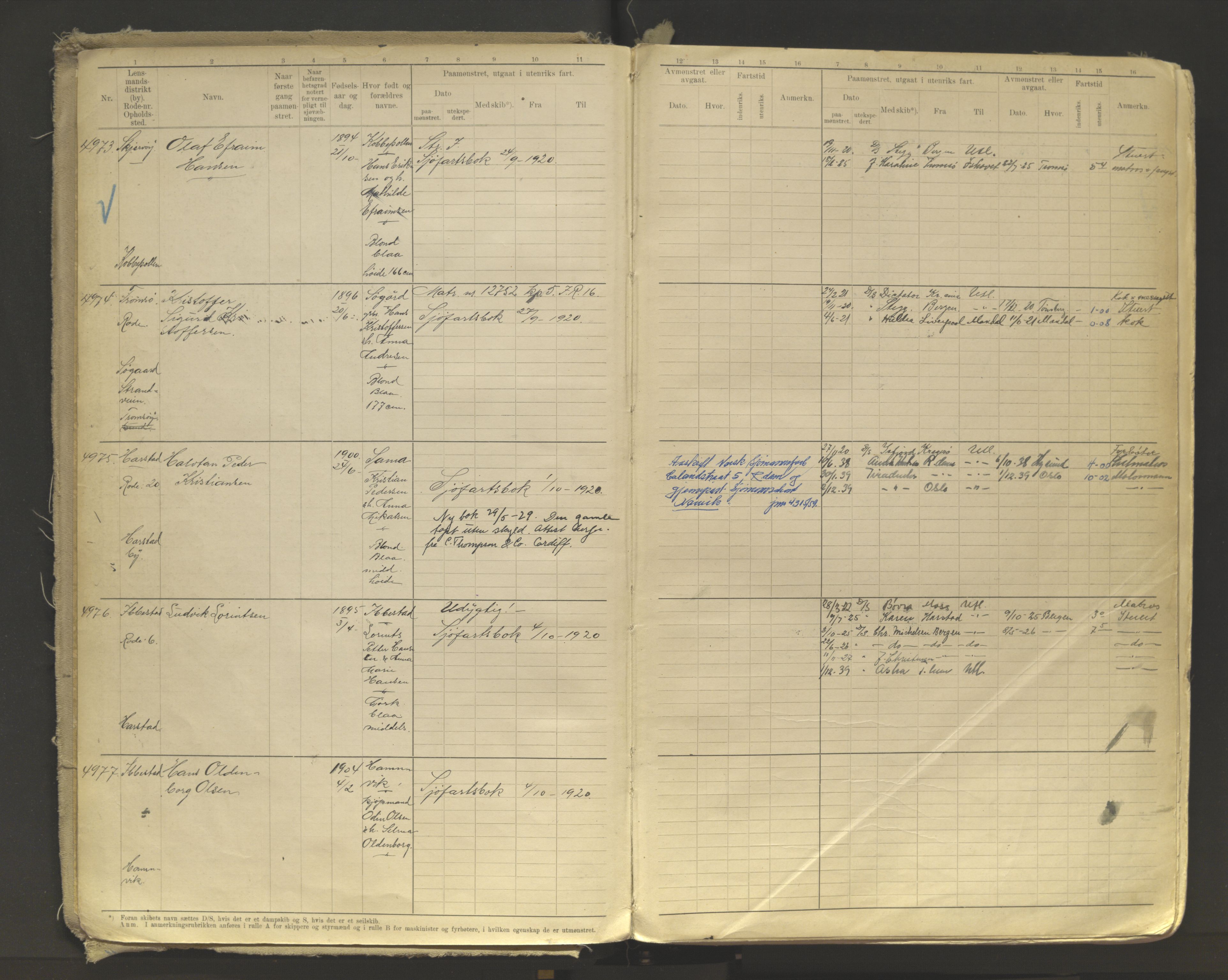 Tromsø sjømannskontor/innrullerings-/mønstringsdistrikt, SATØ/S-0243/F/Fb/L0011: Annotasjonsrulle. Defekt: løs innbinding. Nr. 4973-7517, 1920-1928