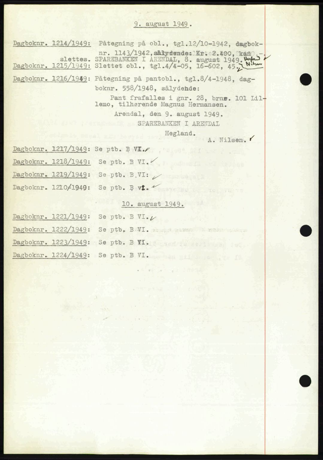 Nedenes sorenskriveri, SAK/1221-0006/G/Gb/Gba/L0061: Mortgage book no. A13, 1949-1949, Diary no: : 1214/1949
