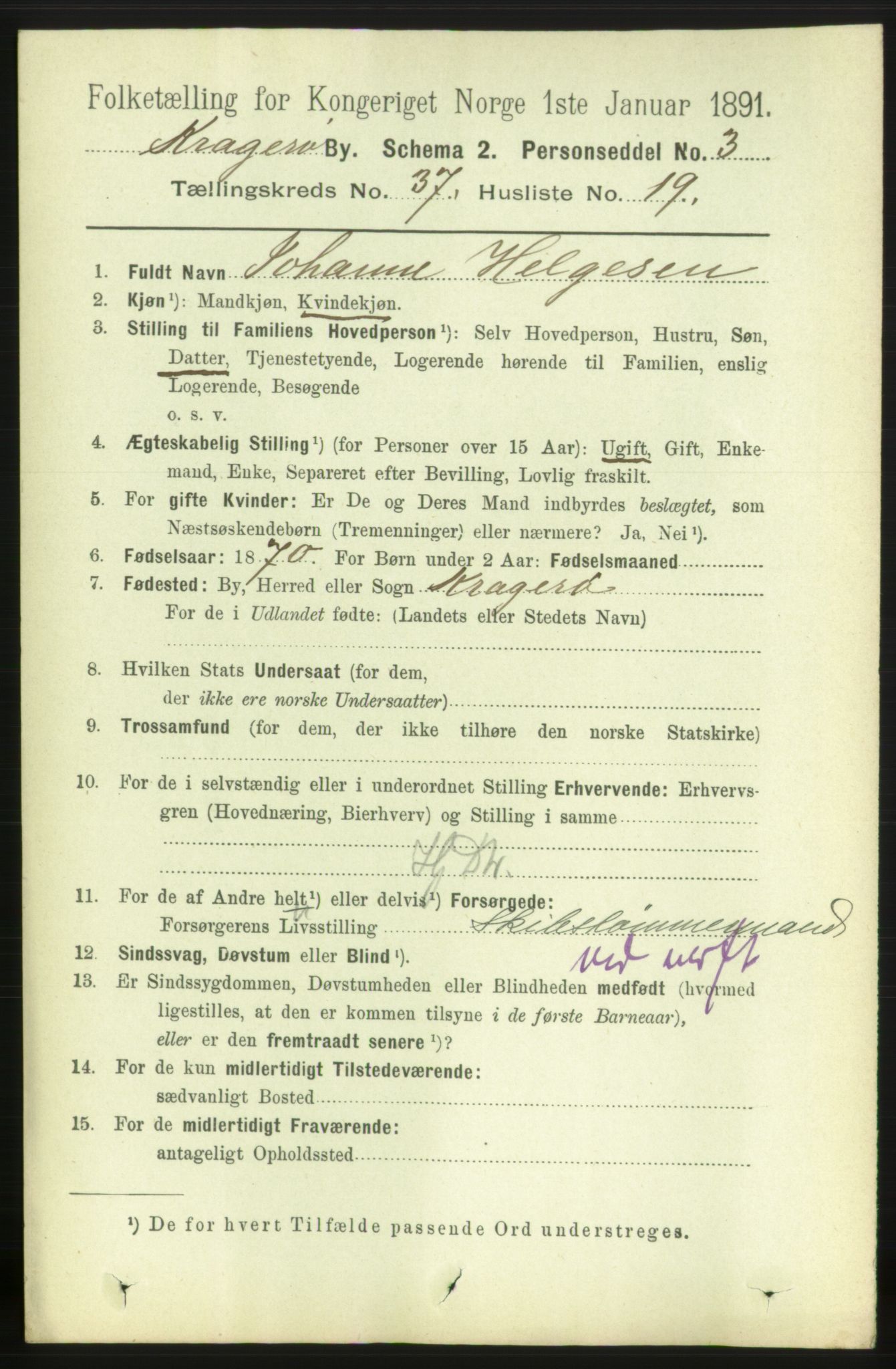 RA, 1891 census for 0801 Kragerø, 1891, p. 6873