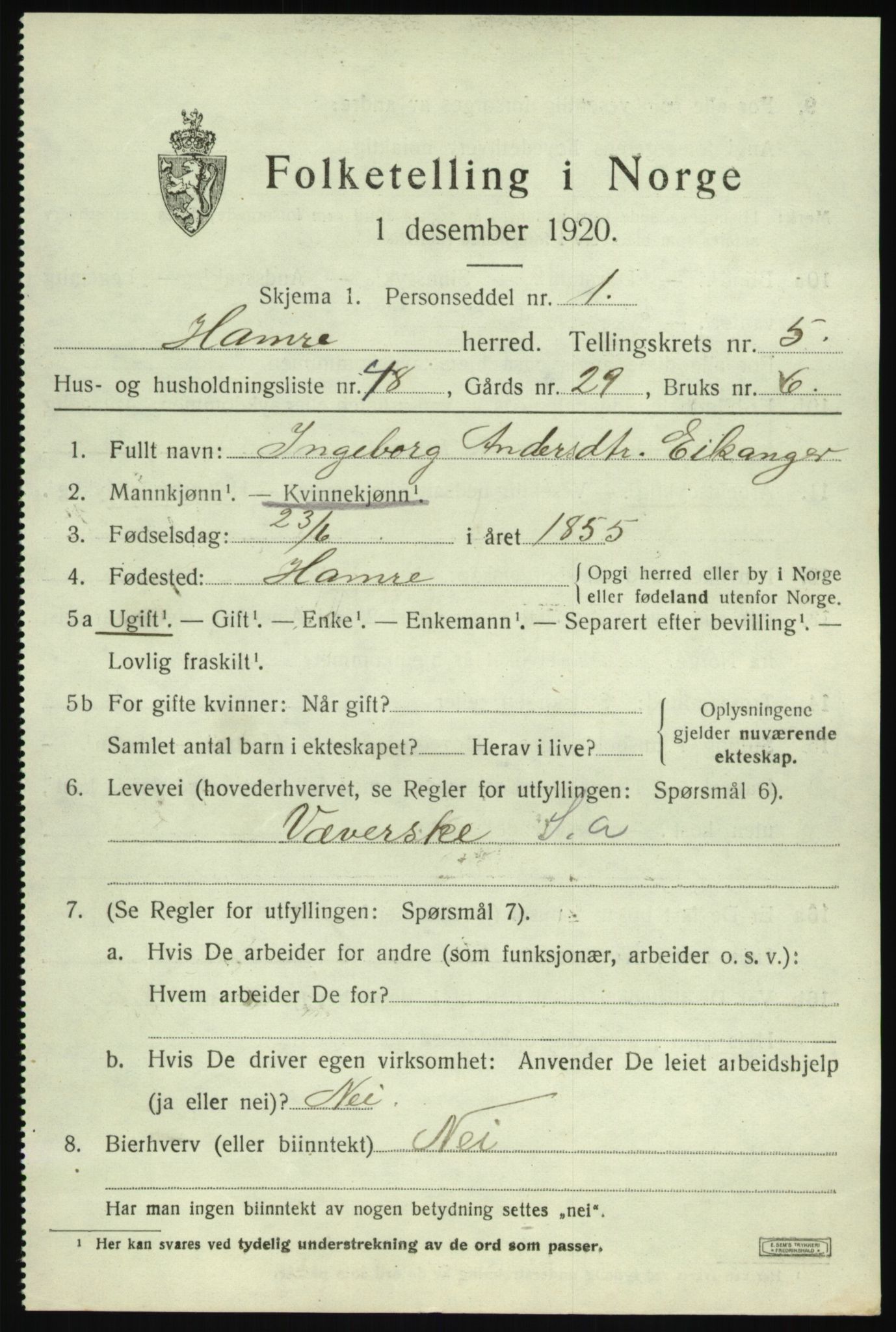 SAB, 1920 census for Hamre, 1920, p. 3439