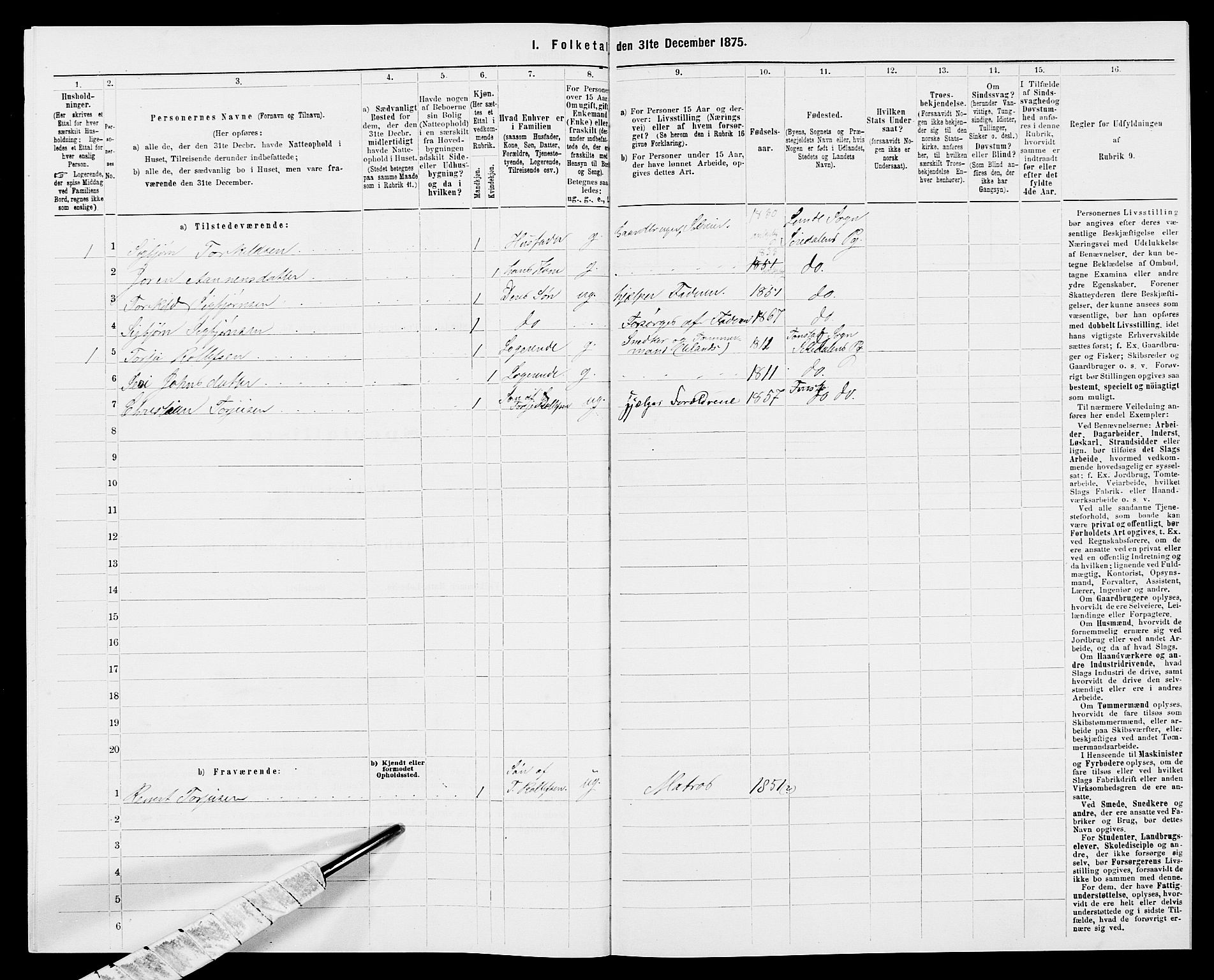 SAK, 1875 census for 1046P Sirdal, 1875, p. 416