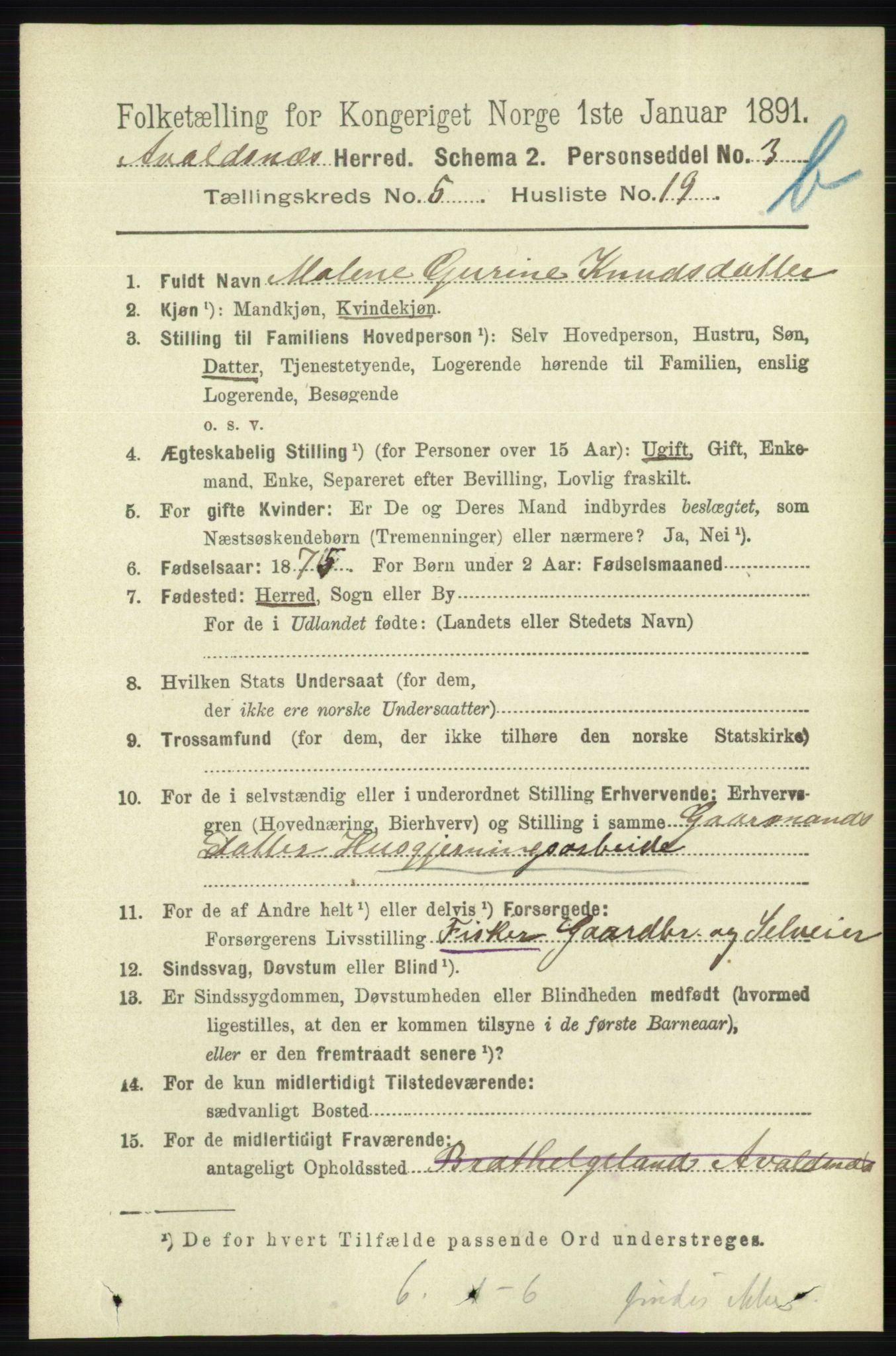 RA, 1891 census for 1147 Avaldsnes, 1891, p. 3109