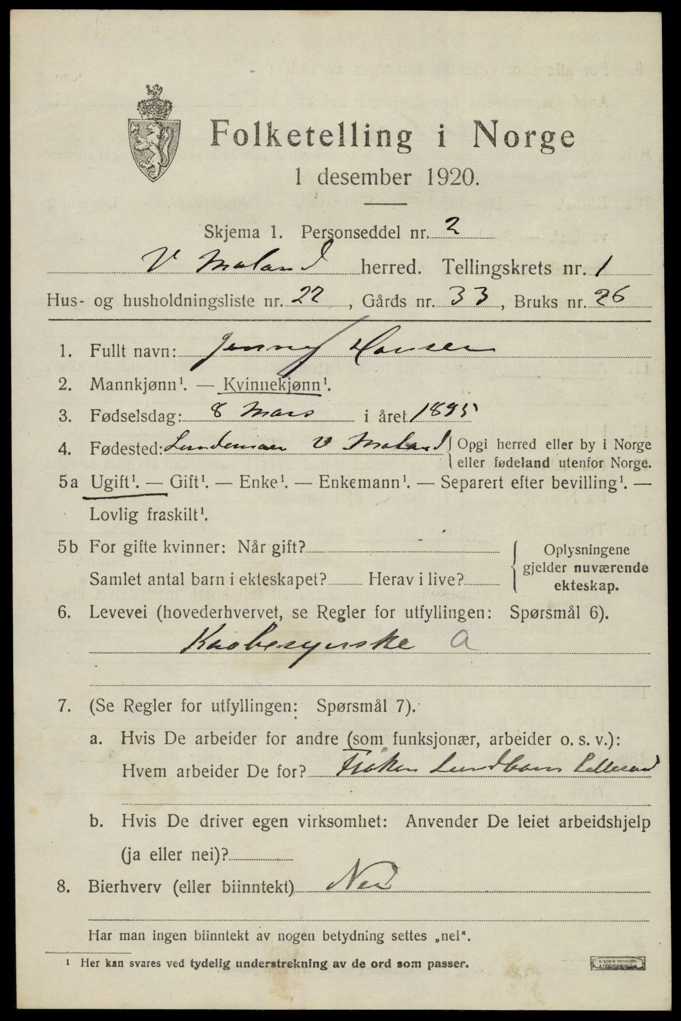 SAK, 1920 census for Vestre Moland, 1920, p. 1243