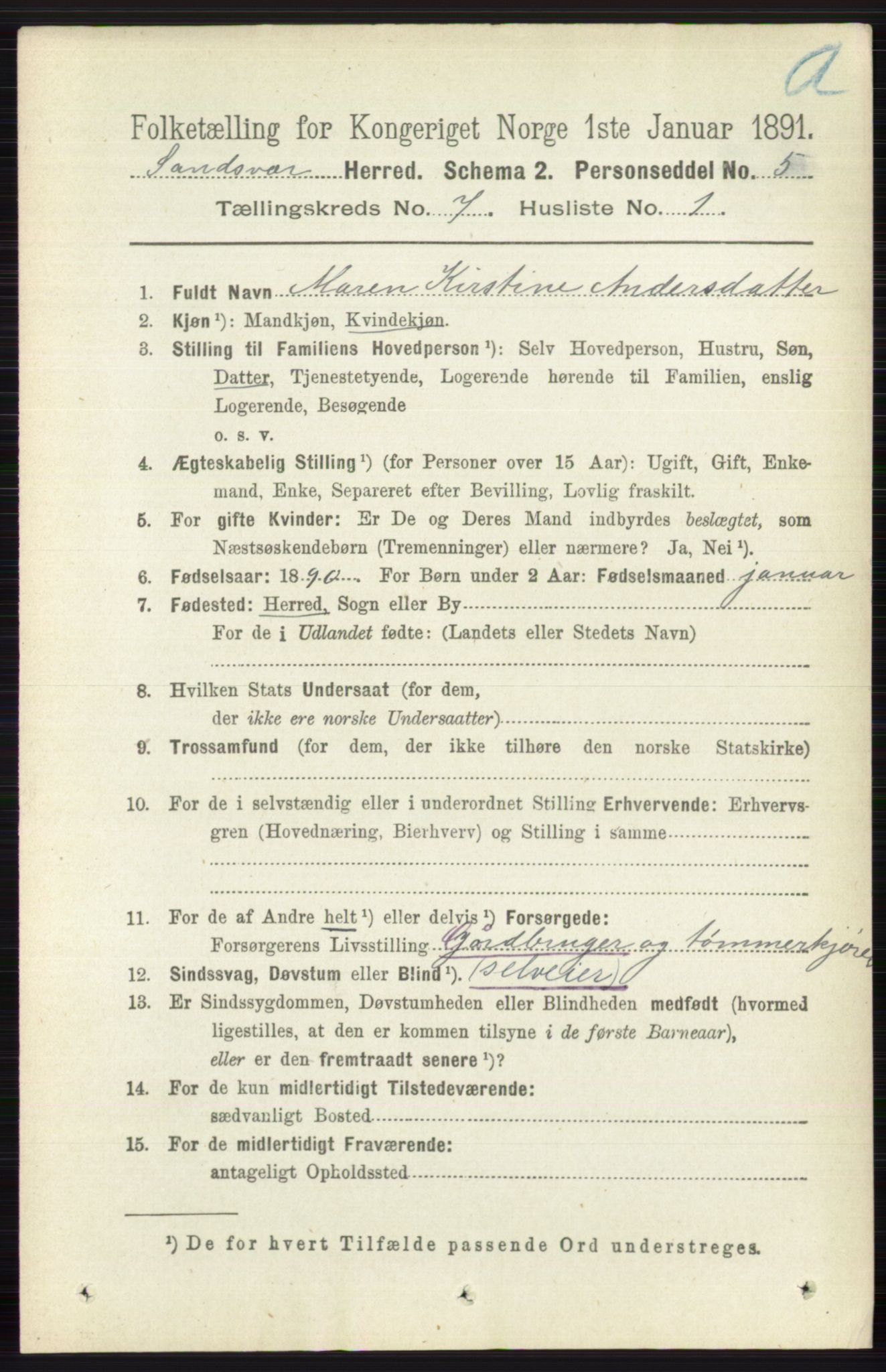 RA, 1891 census for 0629 Sandsvær, 1891, p. 3987