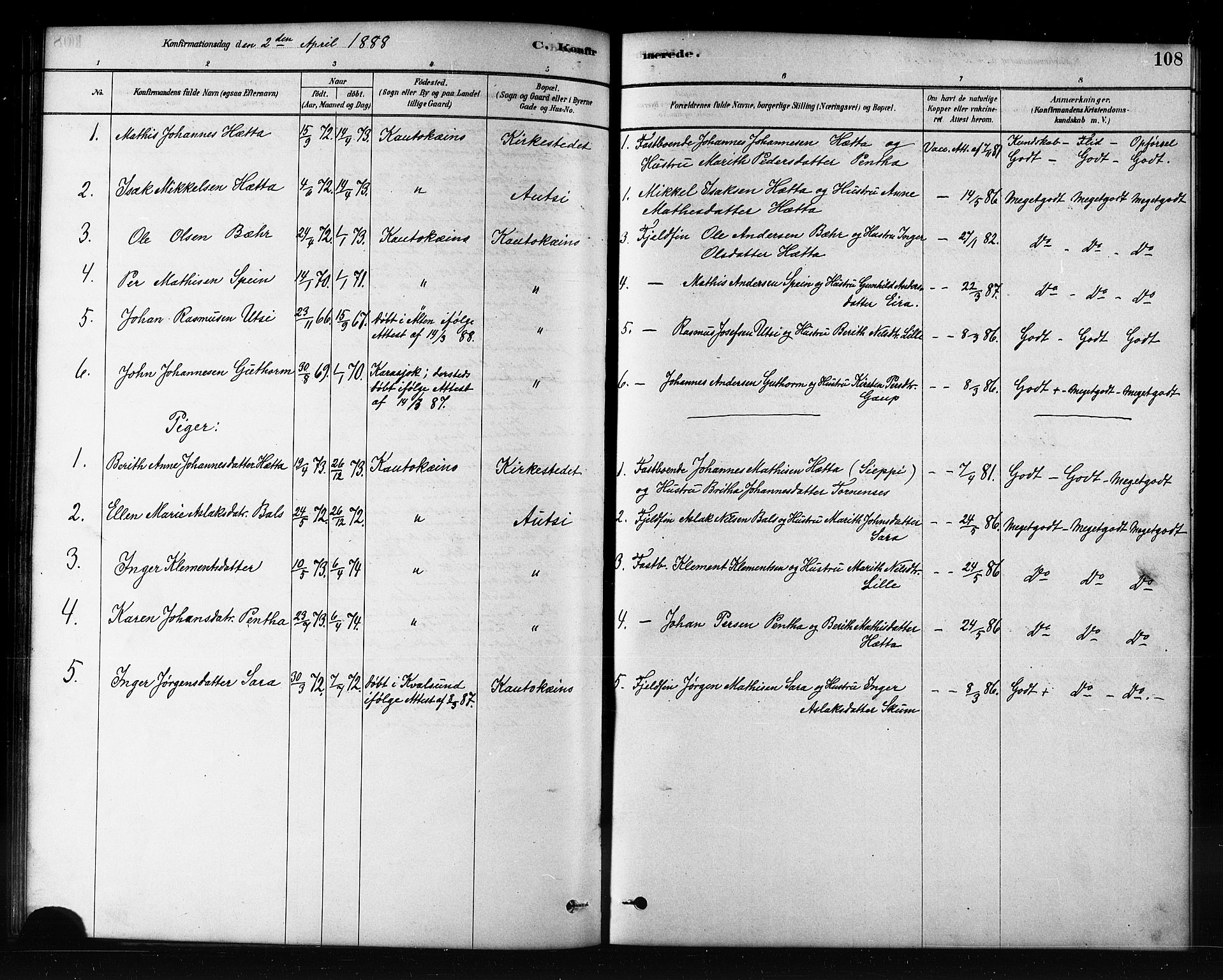 Kautokeino sokneprestembete, SATØ/S-1340/H/Hb/L0002.klokk: Parish register (copy) no. 2, 1877-1896, p. 108