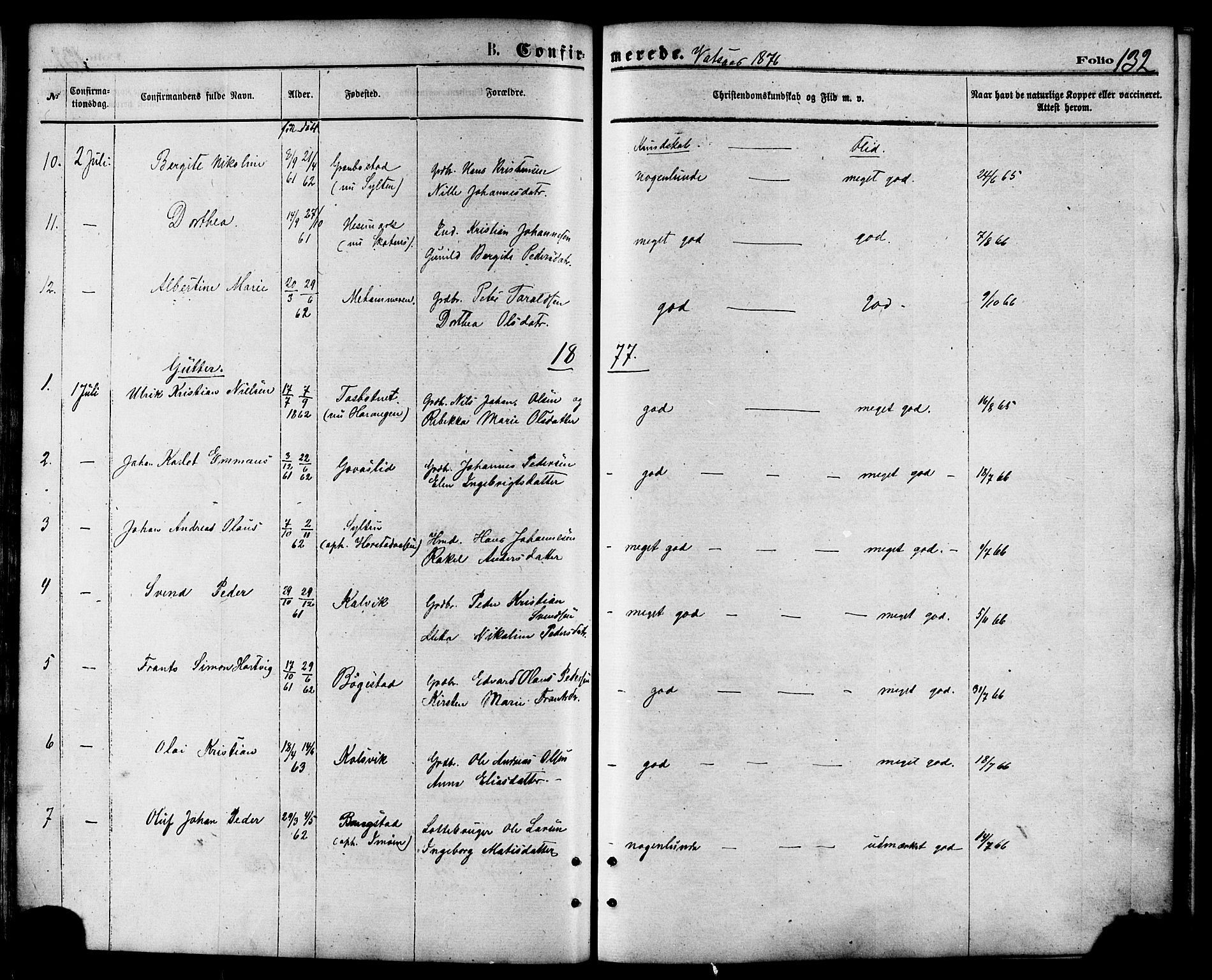 Ministerialprotokoller, klokkerbøker og fødselsregistre - Nordland, AV/SAT-A-1459/810/L0148: Parish register (official) no. 810A09 /1, 1874-1884, p. 132