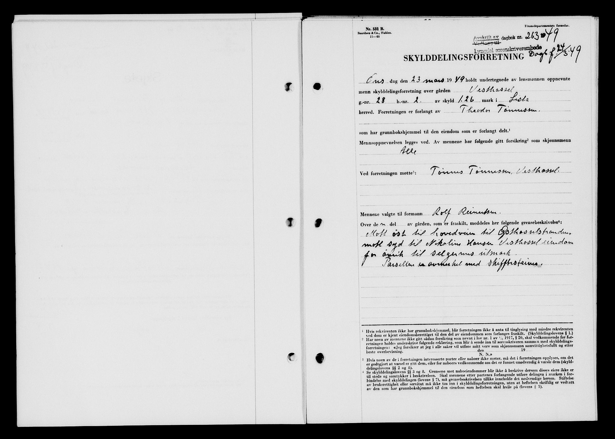 Lyngdal sorenskriveri, AV/SAK-1221-0004/G/Gb/L0663: Mortgage book no. A IX, 1948-1949, Diary no: : 263/1949