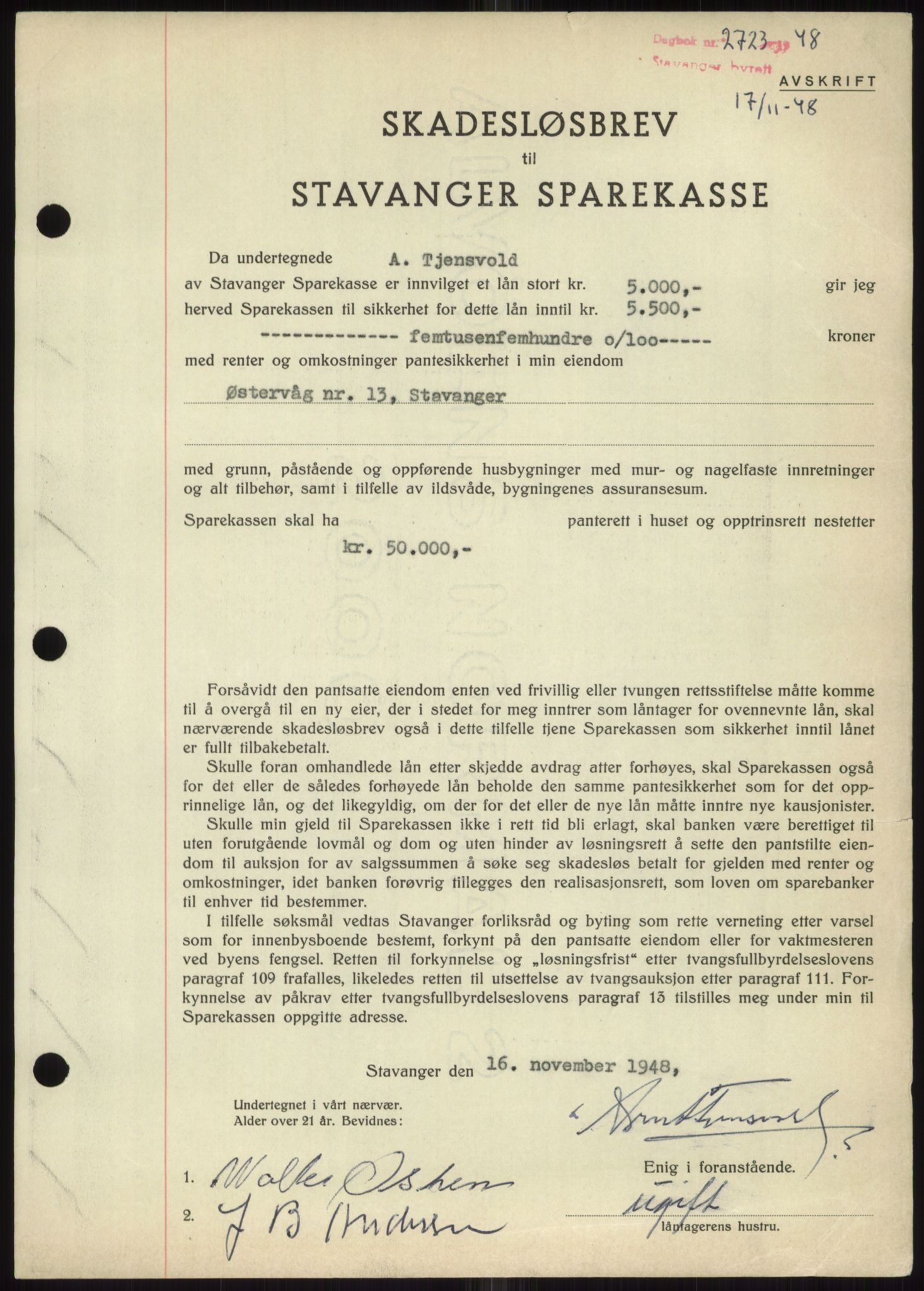 Stavanger byrett, SAST/A-100455/002/G/Gb/L0032: Mortgage book, 1947-1950, Diary no: : 2723/1948