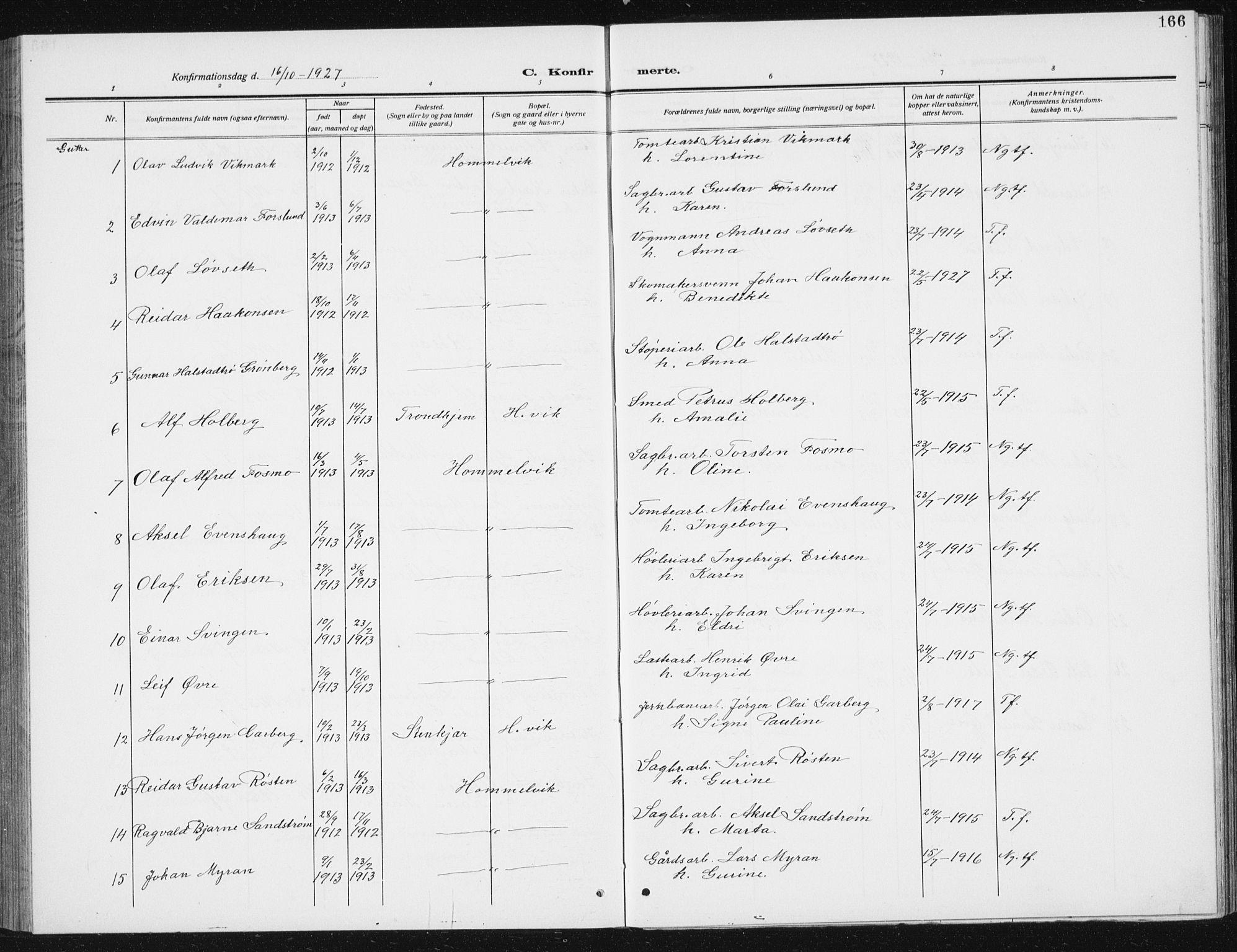 Ministerialprotokoller, klokkerbøker og fødselsregistre - Sør-Trøndelag, SAT/A-1456/617/L0431: Parish register (copy) no. 617C02, 1910-1936, p. 166