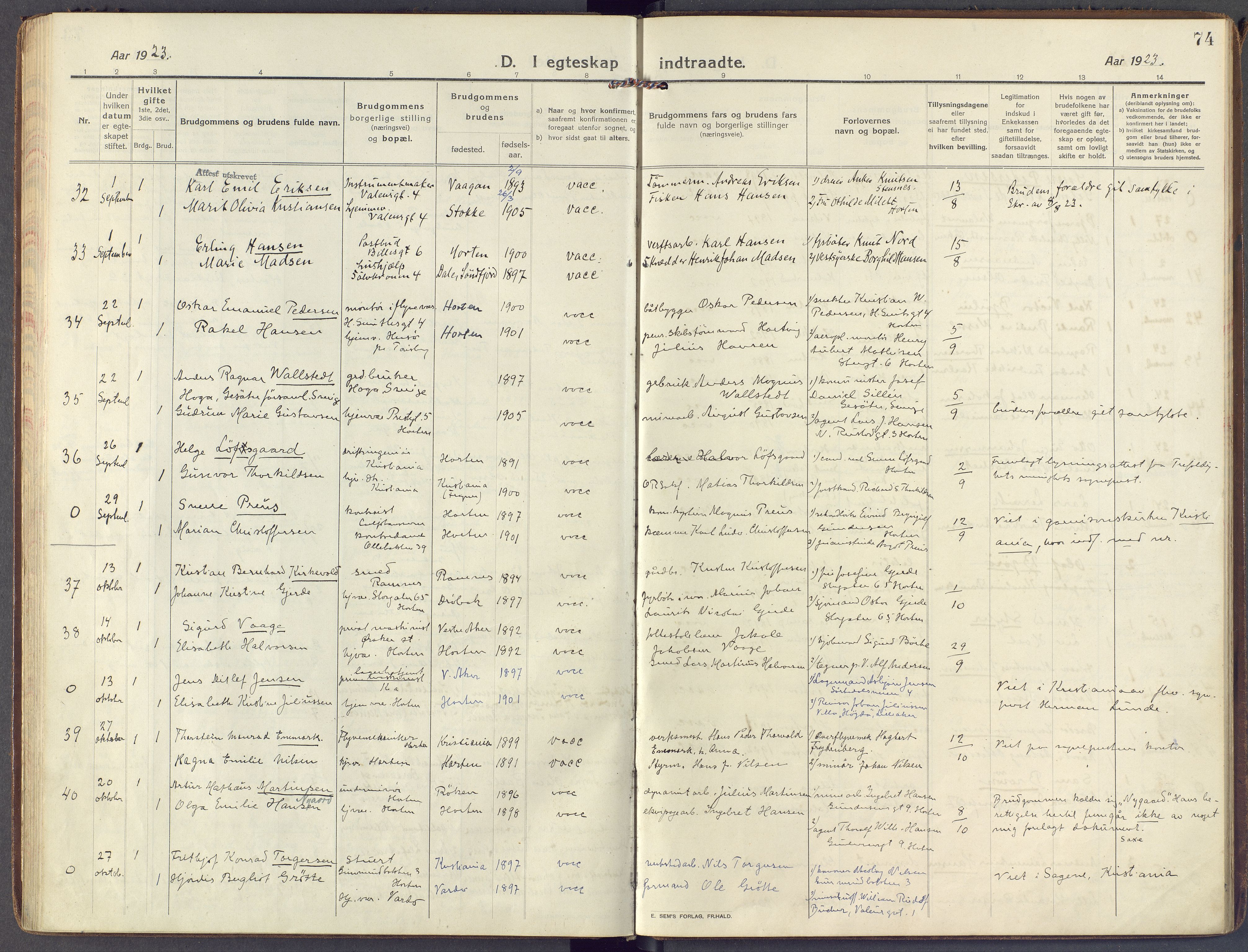 Horten kirkebøker, AV/SAKO-A-348/F/Fa/L0008: Parish register (official) no. 8, 1913-1924, p. 74