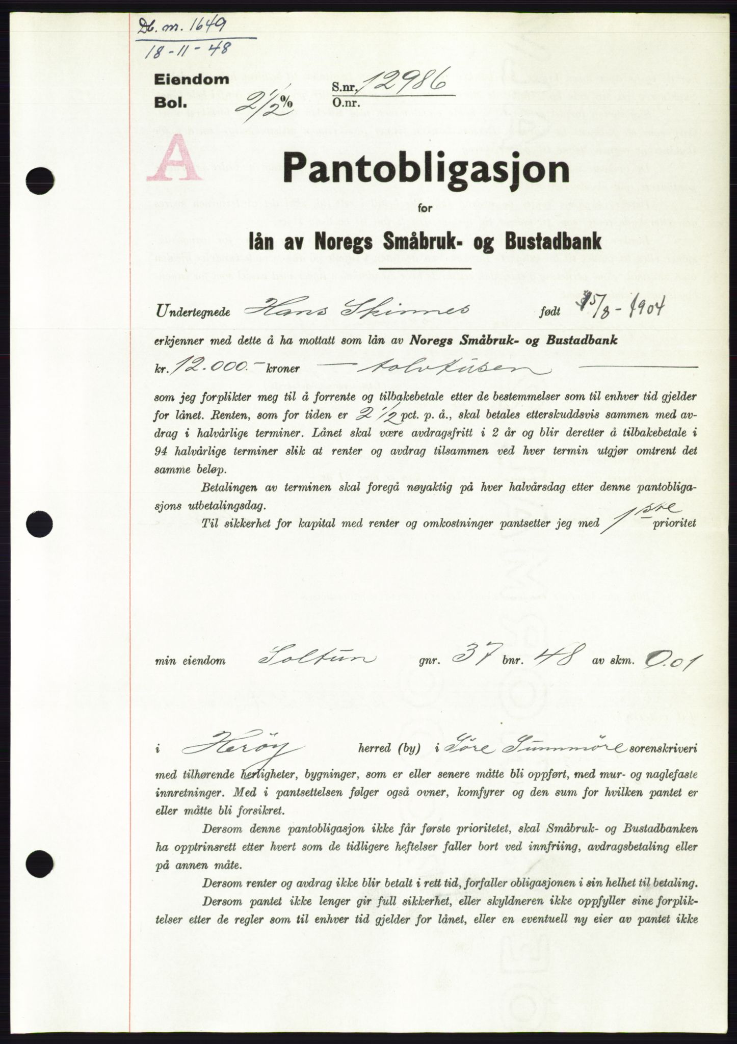 Søre Sunnmøre sorenskriveri, AV/SAT-A-4122/1/2/2C/L0116: Mortgage book no. 4B, 1948-1949, Diary no: : 1649/1948