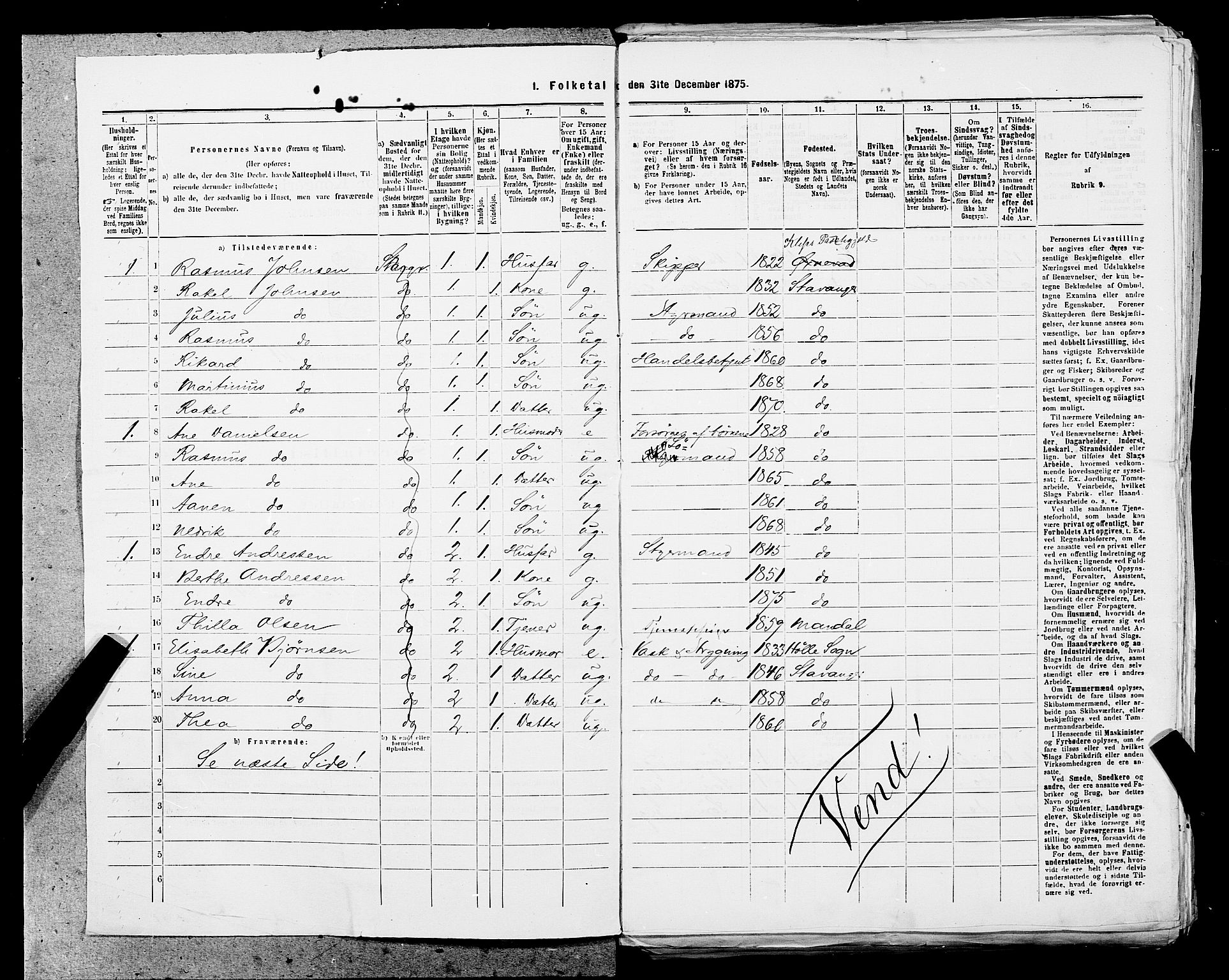 SAST, 1875 census for 1103 Stavanger, 1875, p. 2732