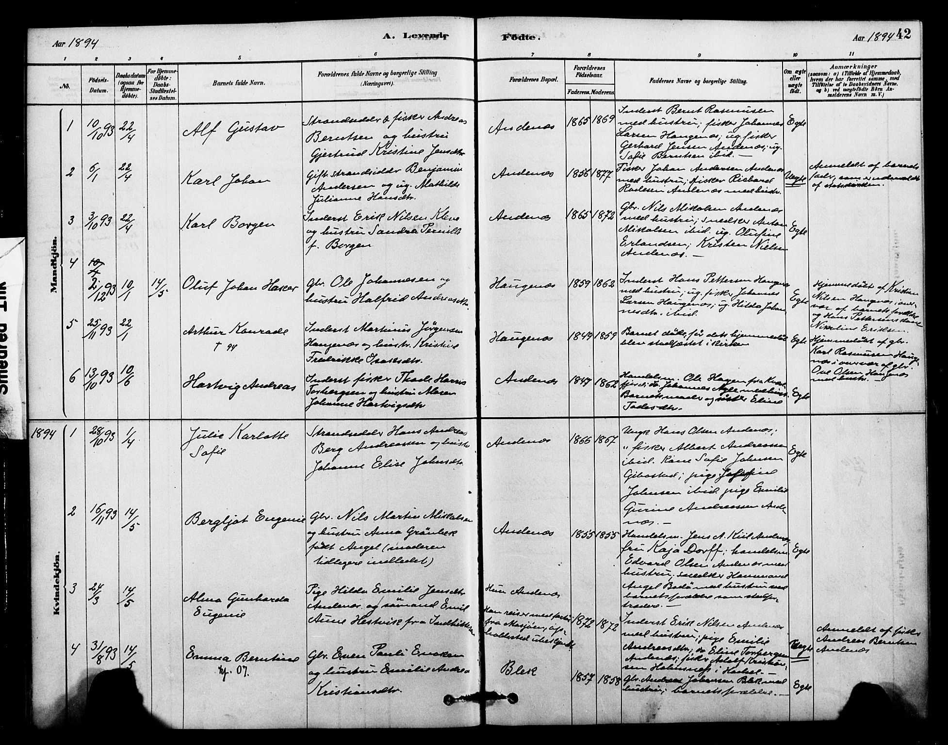 Ministerialprotokoller, klokkerbøker og fødselsregistre - Nordland, AV/SAT-A-1459/899/L1436: Parish register (official) no. 899A04, 1881-1896, p. 42