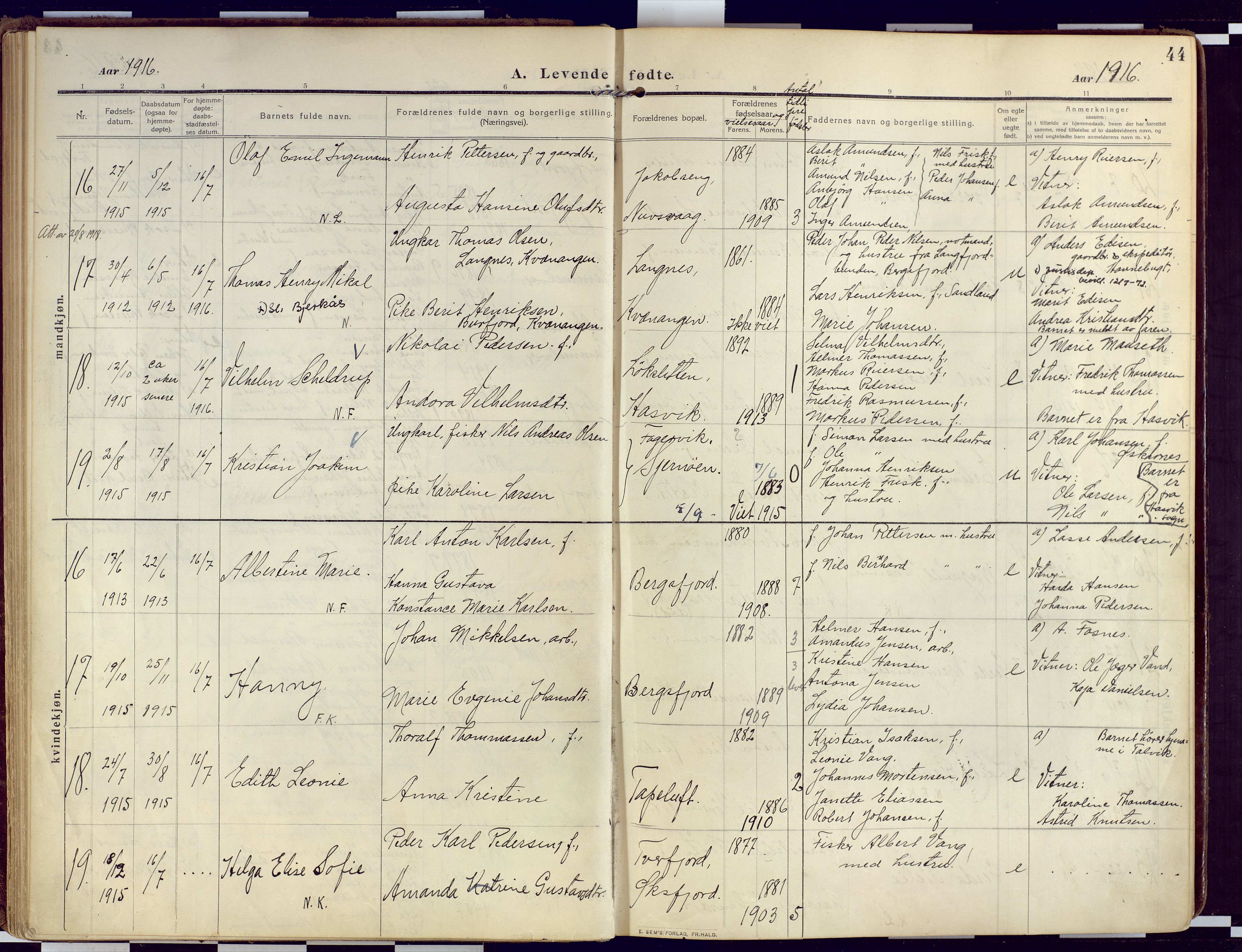 Loppa sokneprestkontor, SATØ/S-1339/H/Ha/L0011kirke: Parish register (official) no. 11, 1909-1919, p. 44