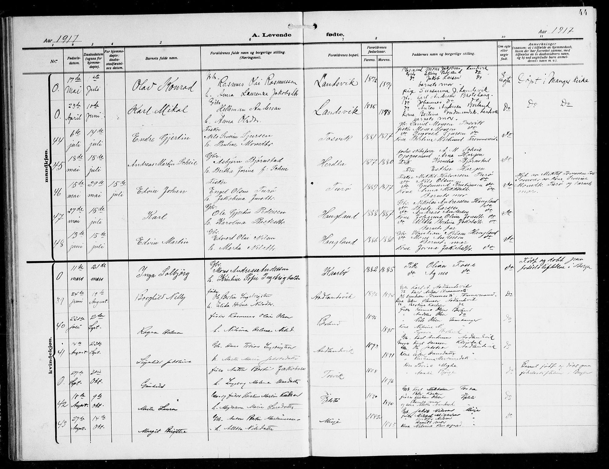 Herdla Sokneprestembete, AV/SAB-A-75701/H/Hab: Parish register (copy) no. C 2, 1913-1926, p. 44