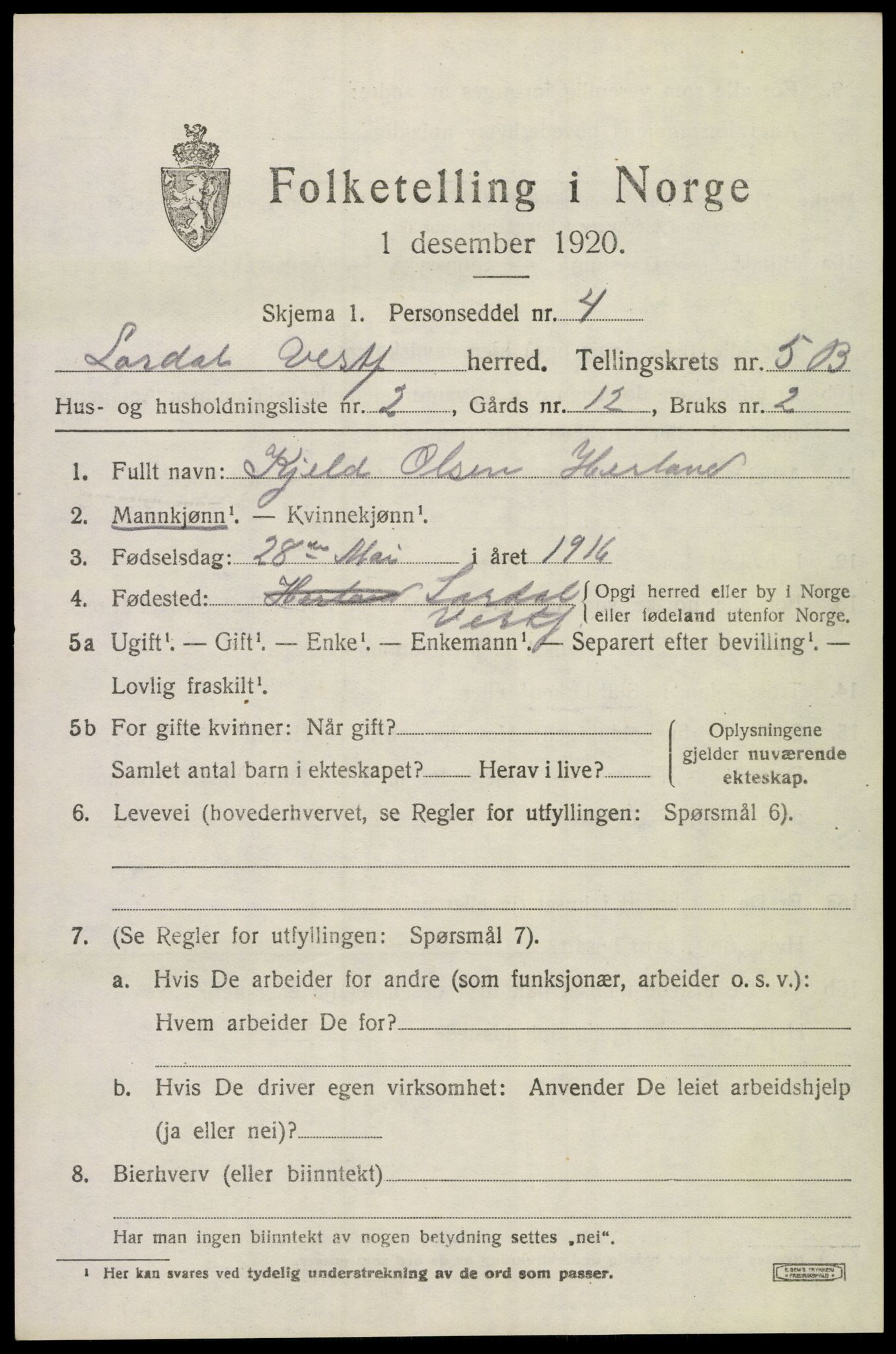SAKO, 1920 census for Lardal, 1920, p. 5247