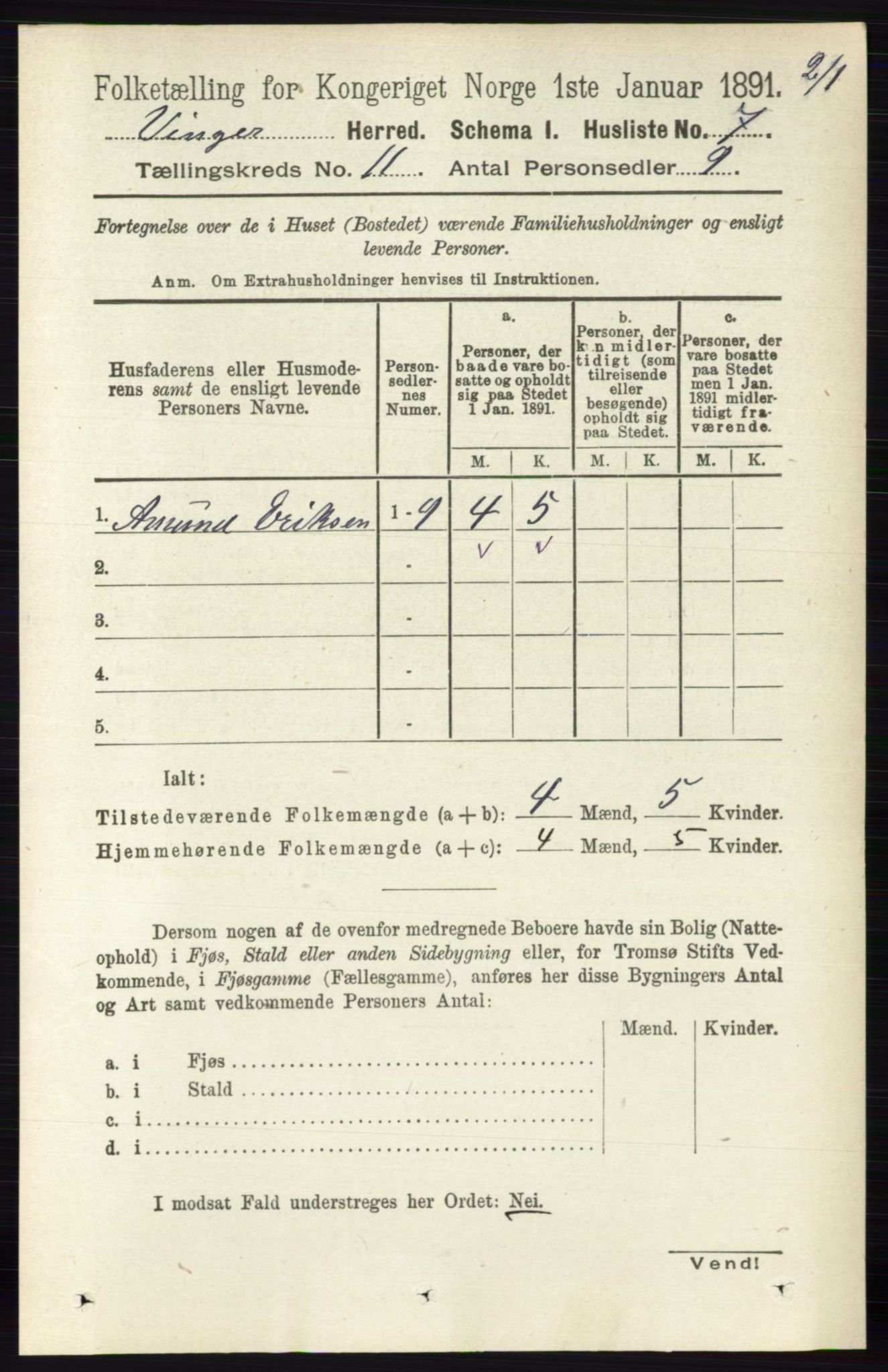 RA, 1891 census for 0421 Vinger, 1891, p. 5288