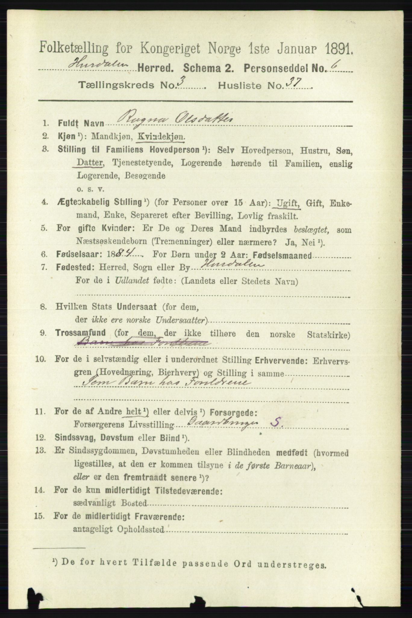 RA, 1891 census for 0239 Hurdal, 1891, p. 1318