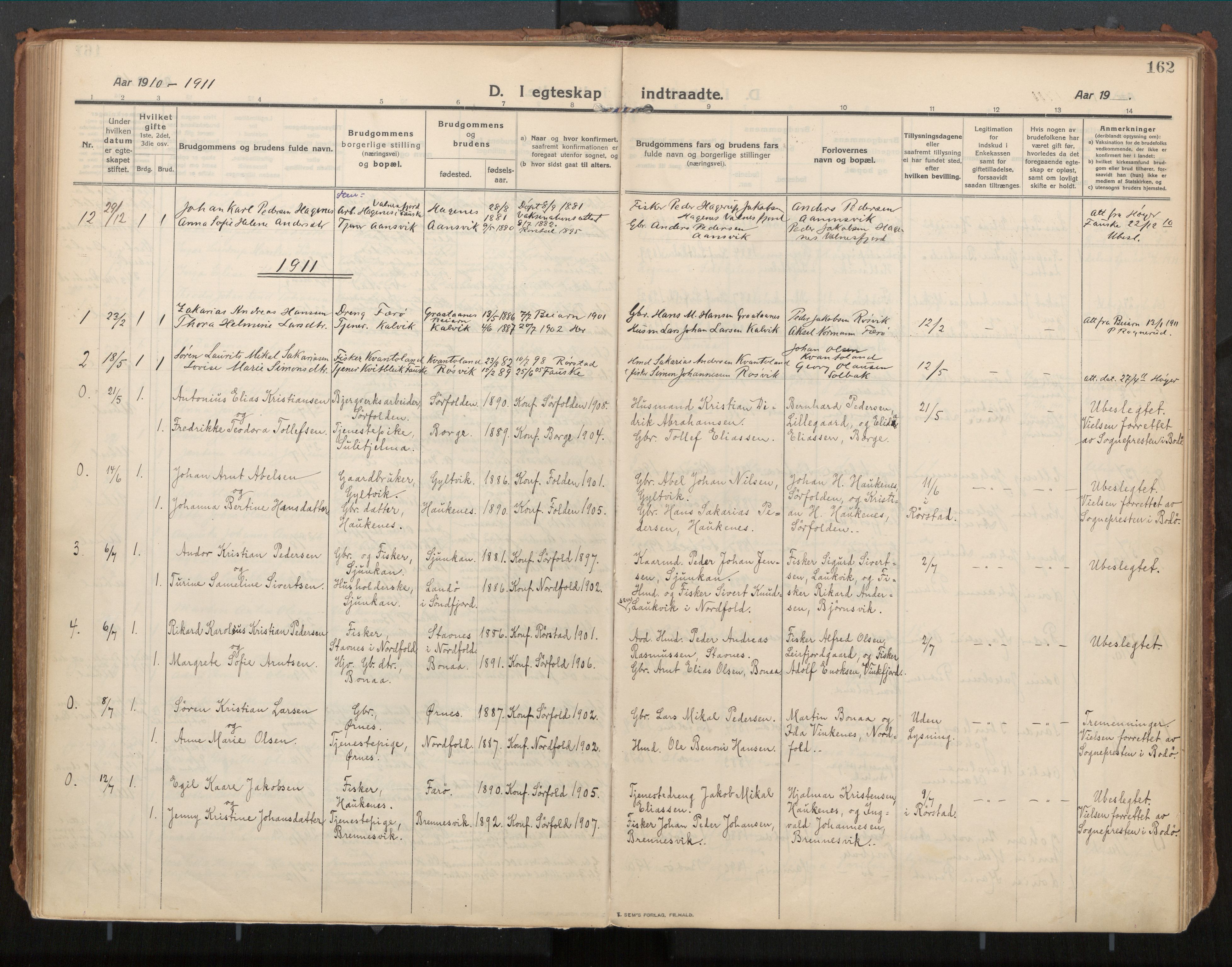 Ministerialprotokoller, klokkerbøker og fødselsregistre - Nordland, SAT/A-1459/854/L0784: Parish register (official) no. 854A07, 1910-1922, p. 162