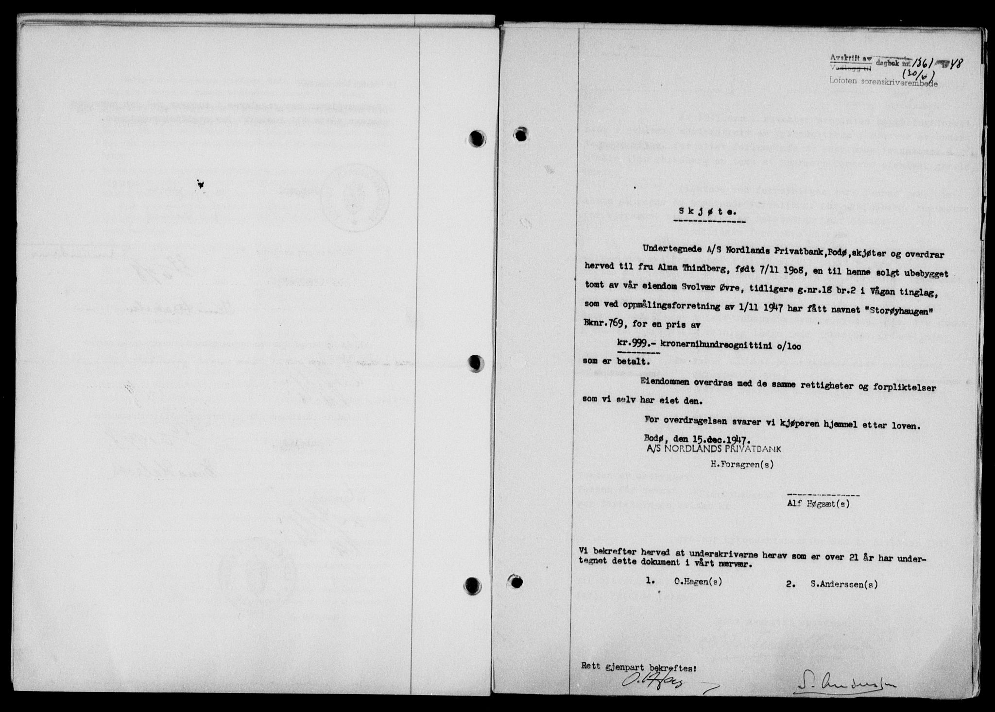 Lofoten sorenskriveri, SAT/A-0017/1/2/2C/L0018a: Mortgage book no. 18a, 1948-1948, Diary no: : 1361/1948